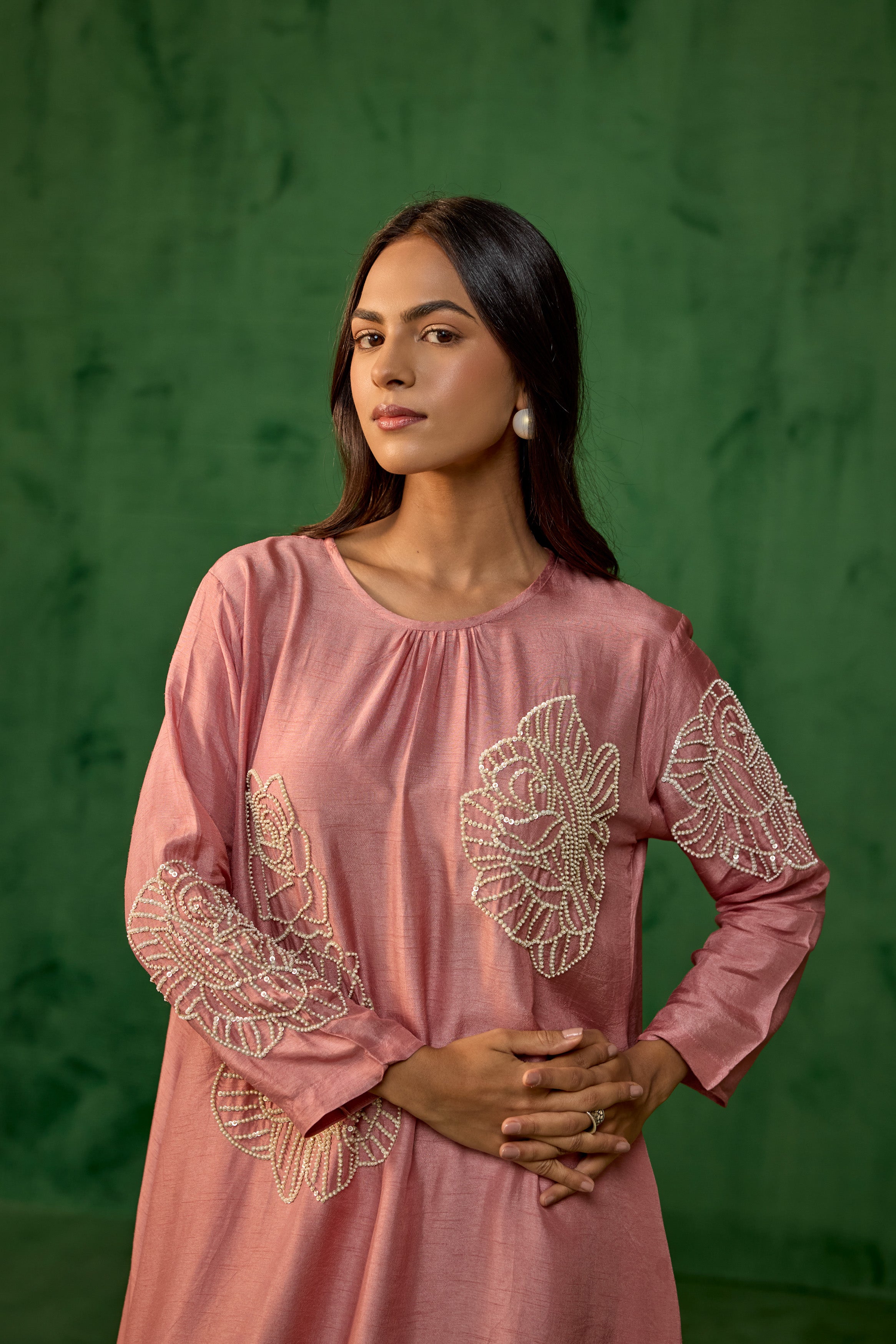 Dusty Rose Embellished Raw Silk Kurta Set