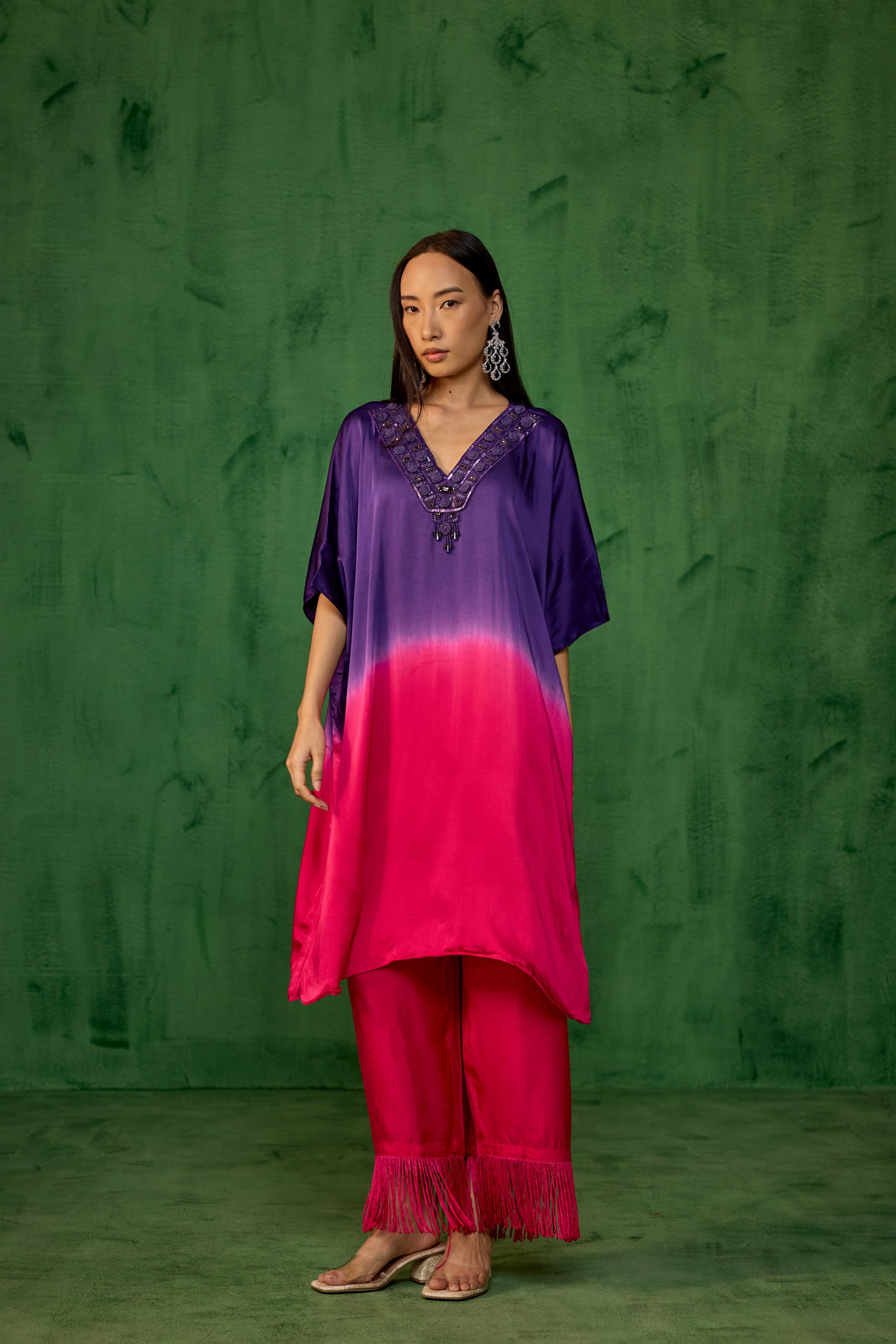 Royal Purple Embellished Satin Silk Kaftan Set