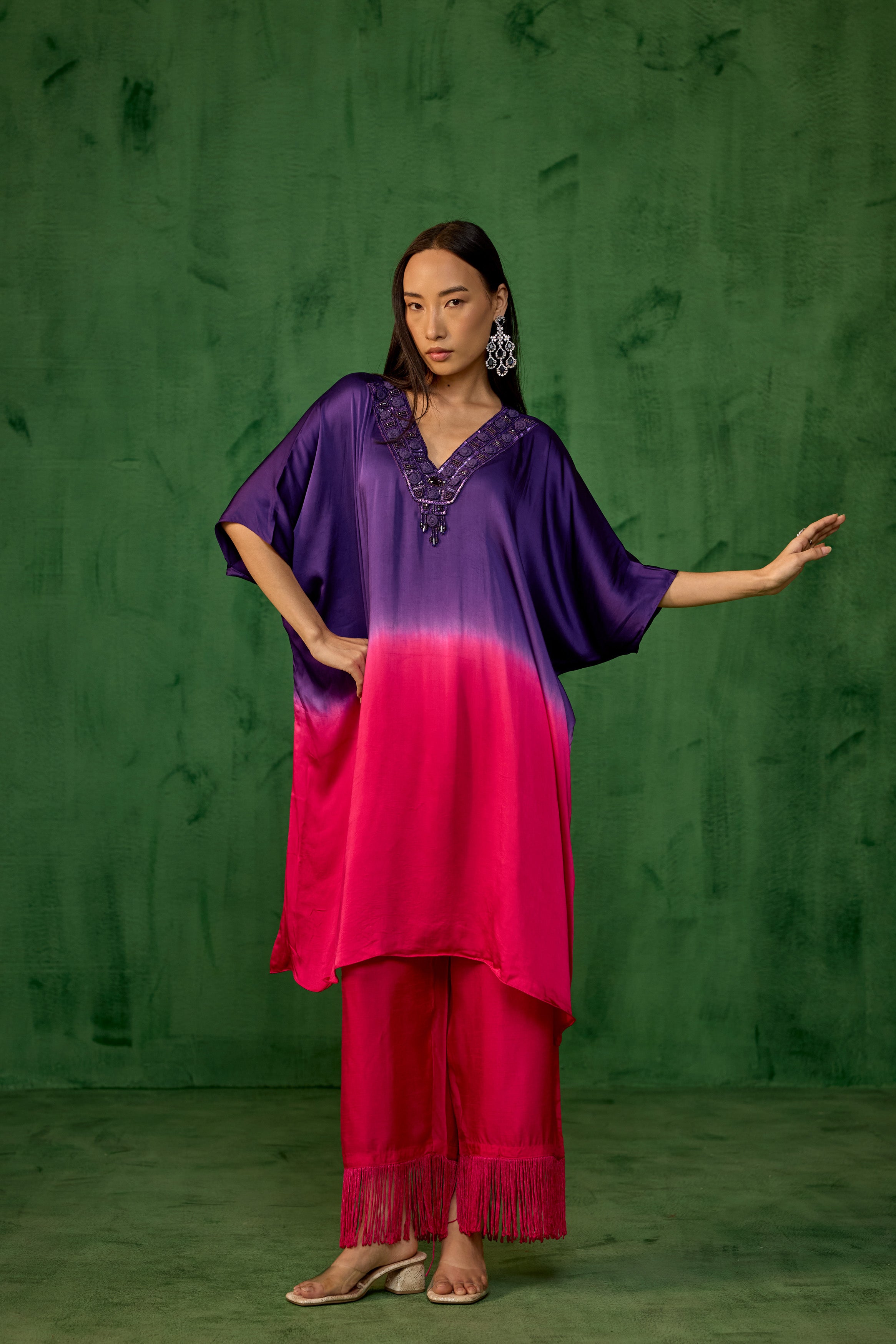 Royal Purple Embellished Satin Silk Kaftan Set
