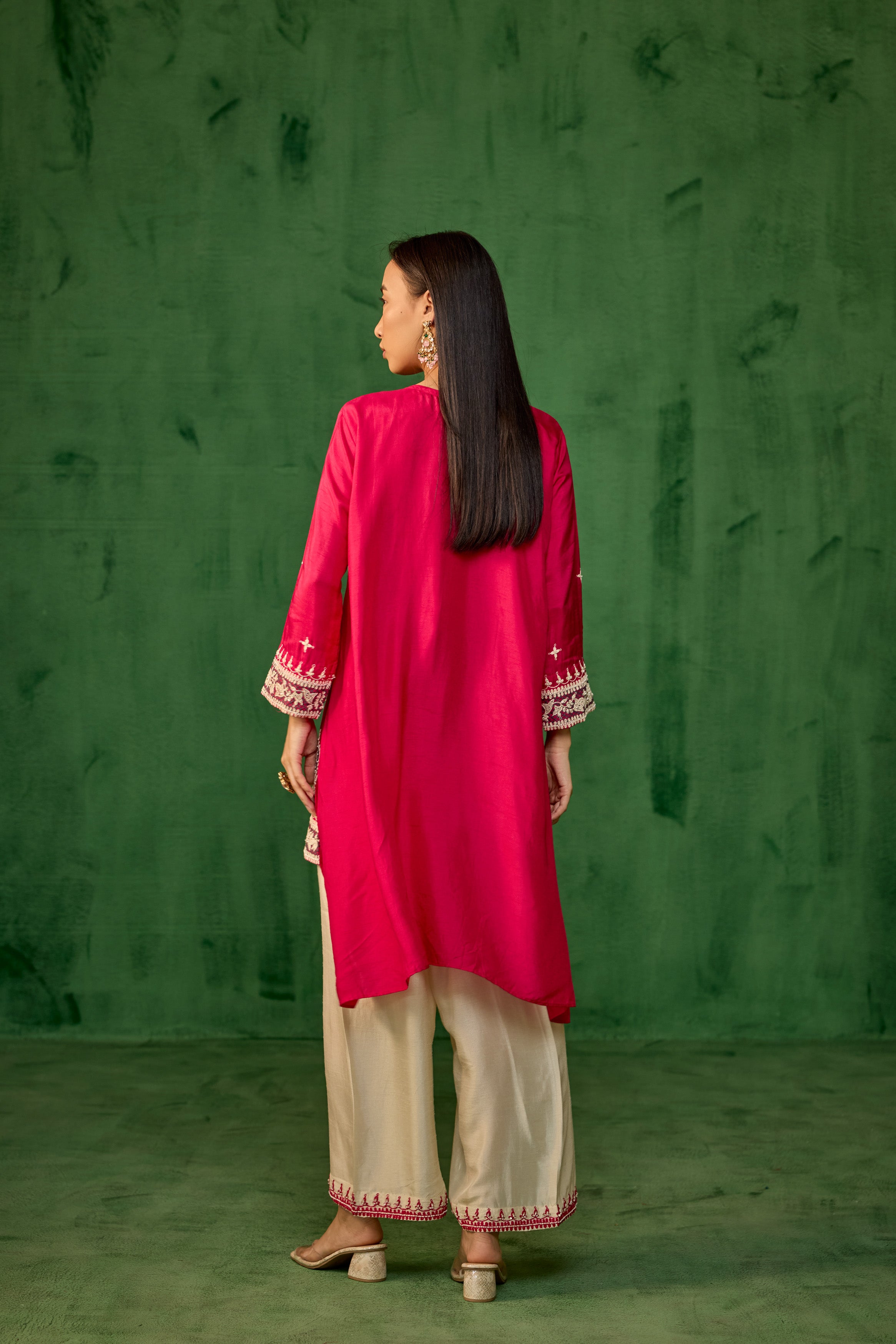 Magenta Pink Embellished Raw Silk Palazzo Set