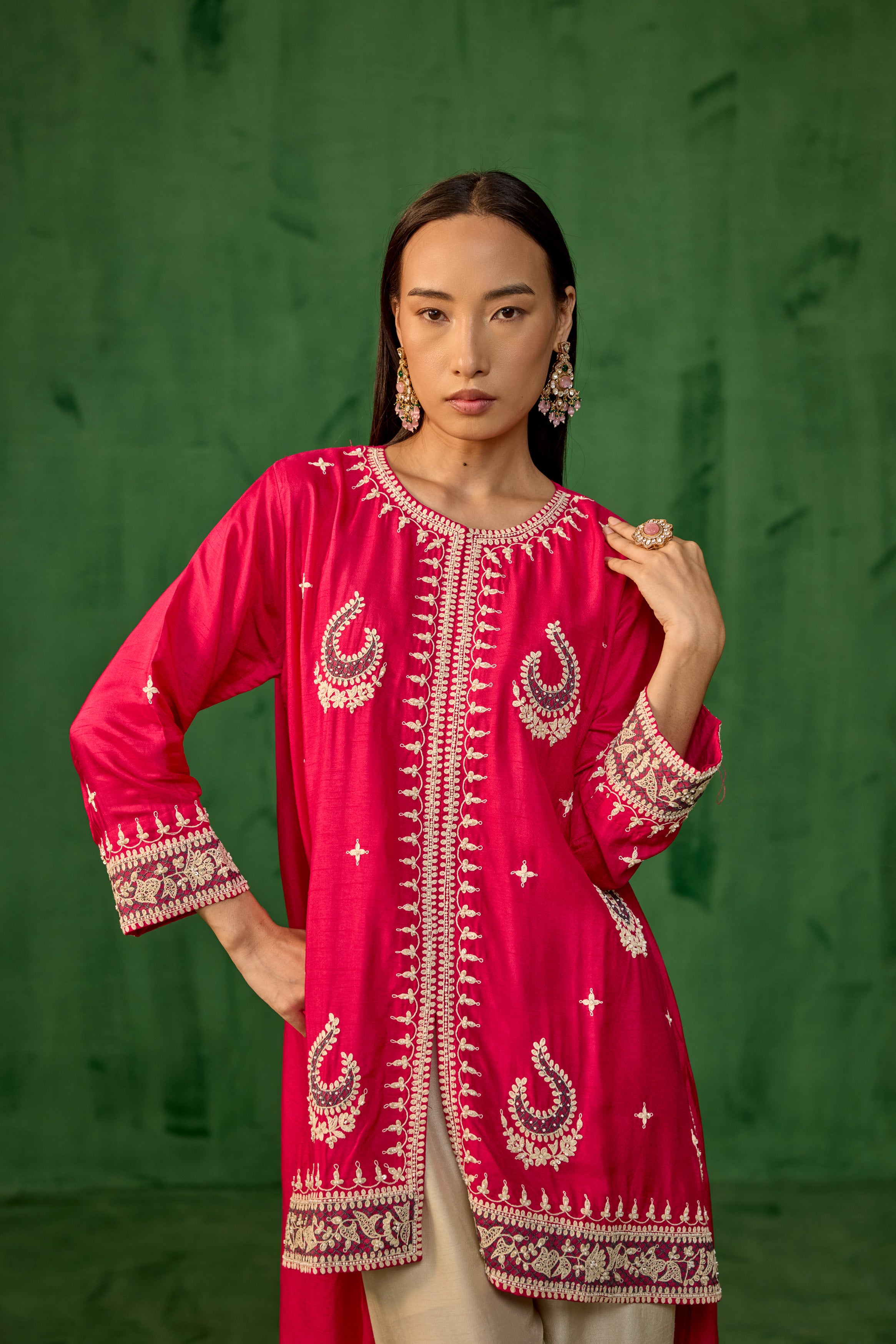 Magenta Pink Embellished Raw Silk Palazzo Set