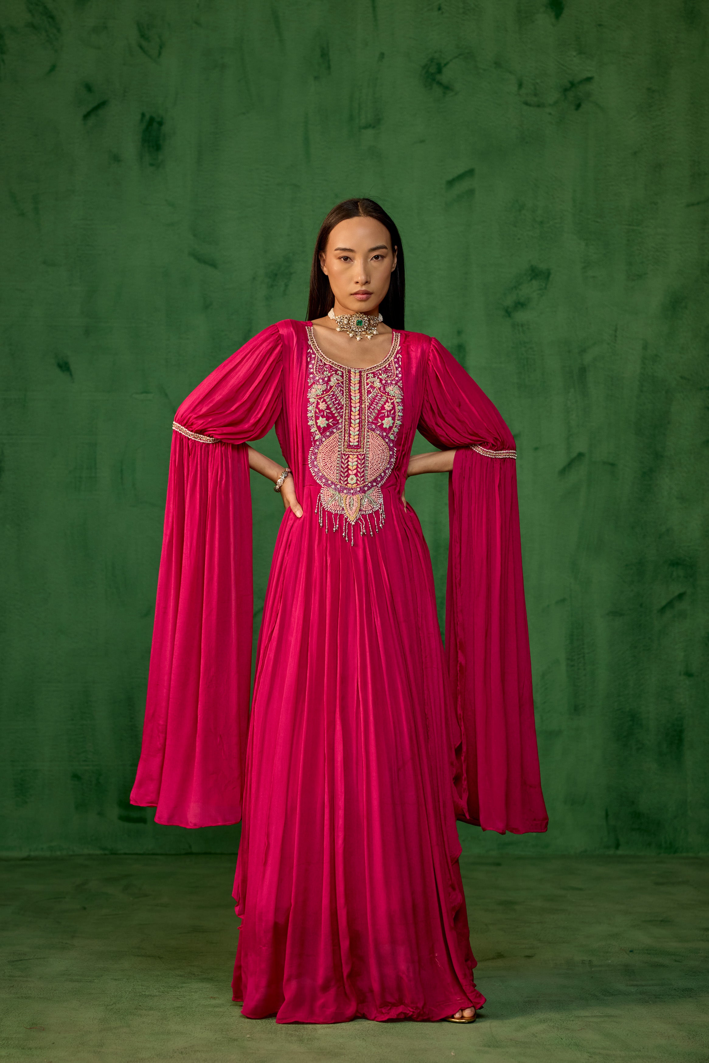 Deep Pink Embellished Chinon Silk Pleated Gown