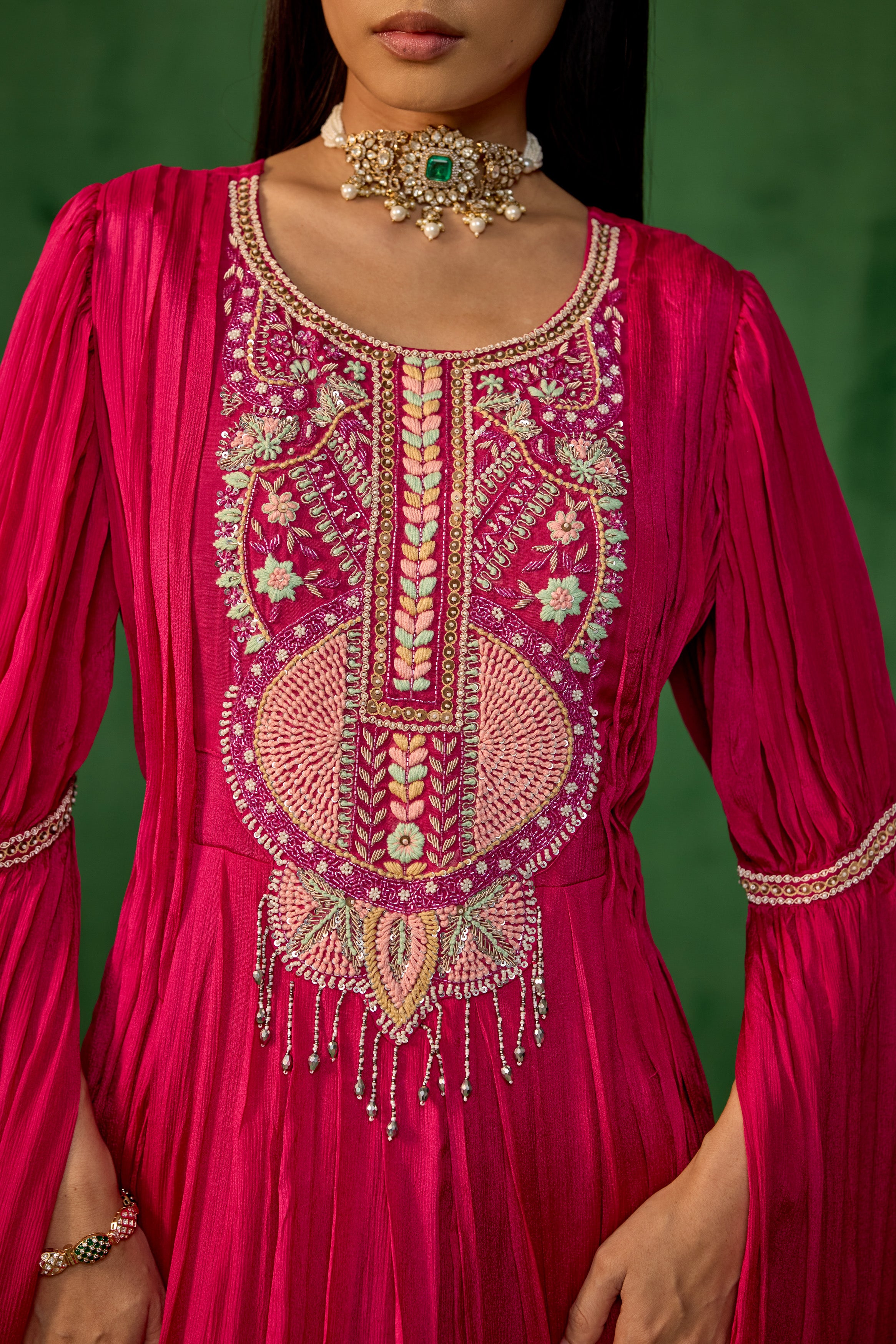 Deep Pink Embellished Chinon Silk Pleated Gown