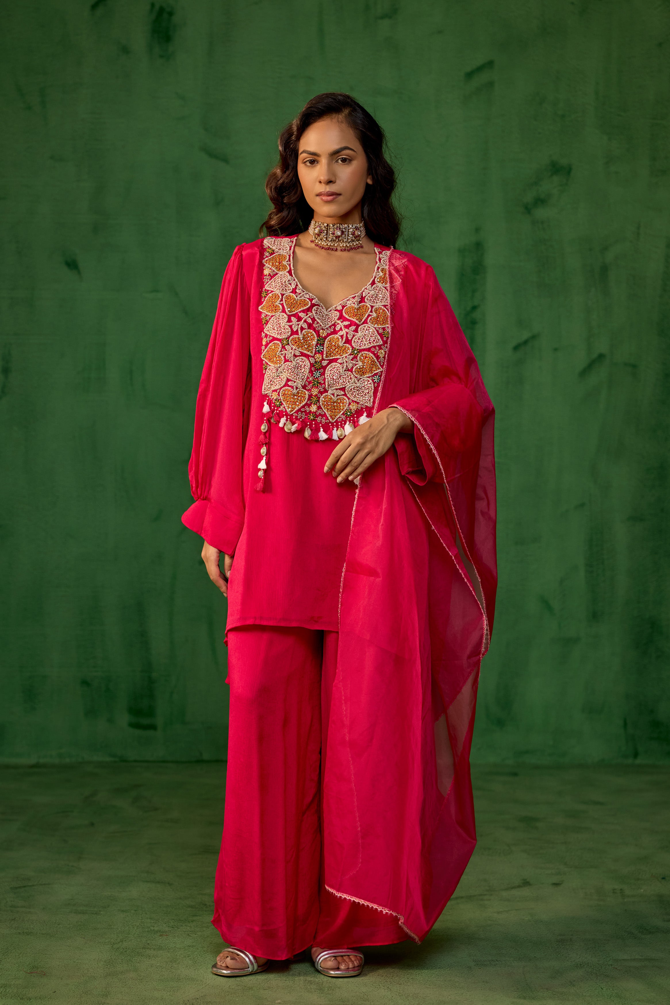 Queen Pink Embellished Chinon Silk Palazzo Set