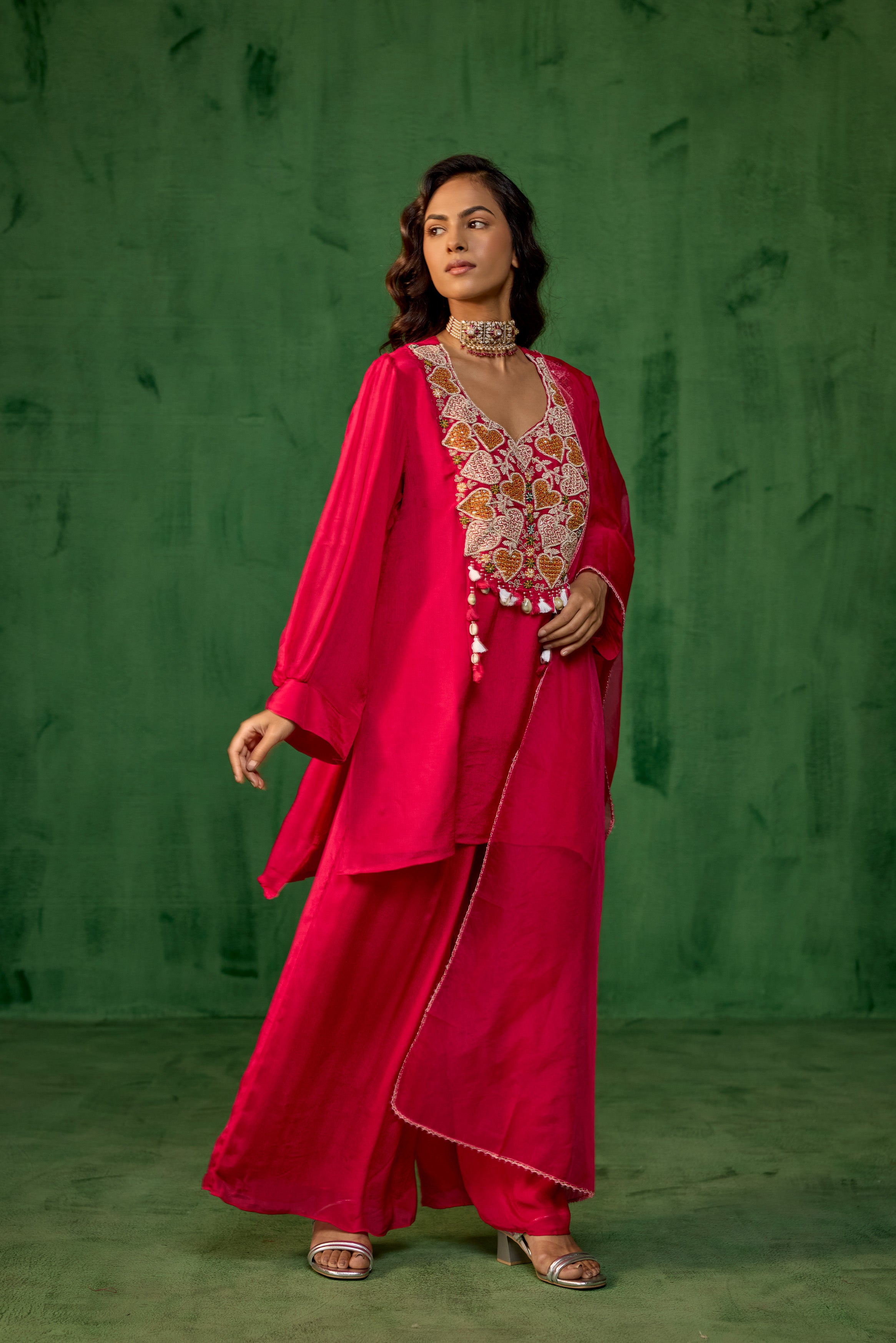 Queen Pink Embellished Chinon Silk Palazzo Set