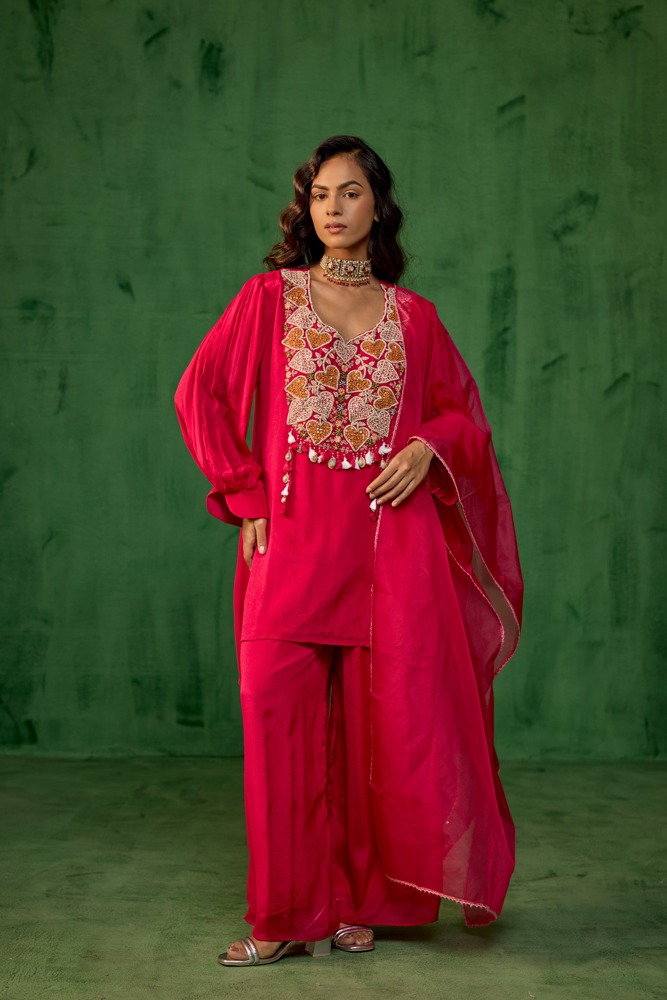 Queen Pink Embellished Chinon Silk Palazzo Set