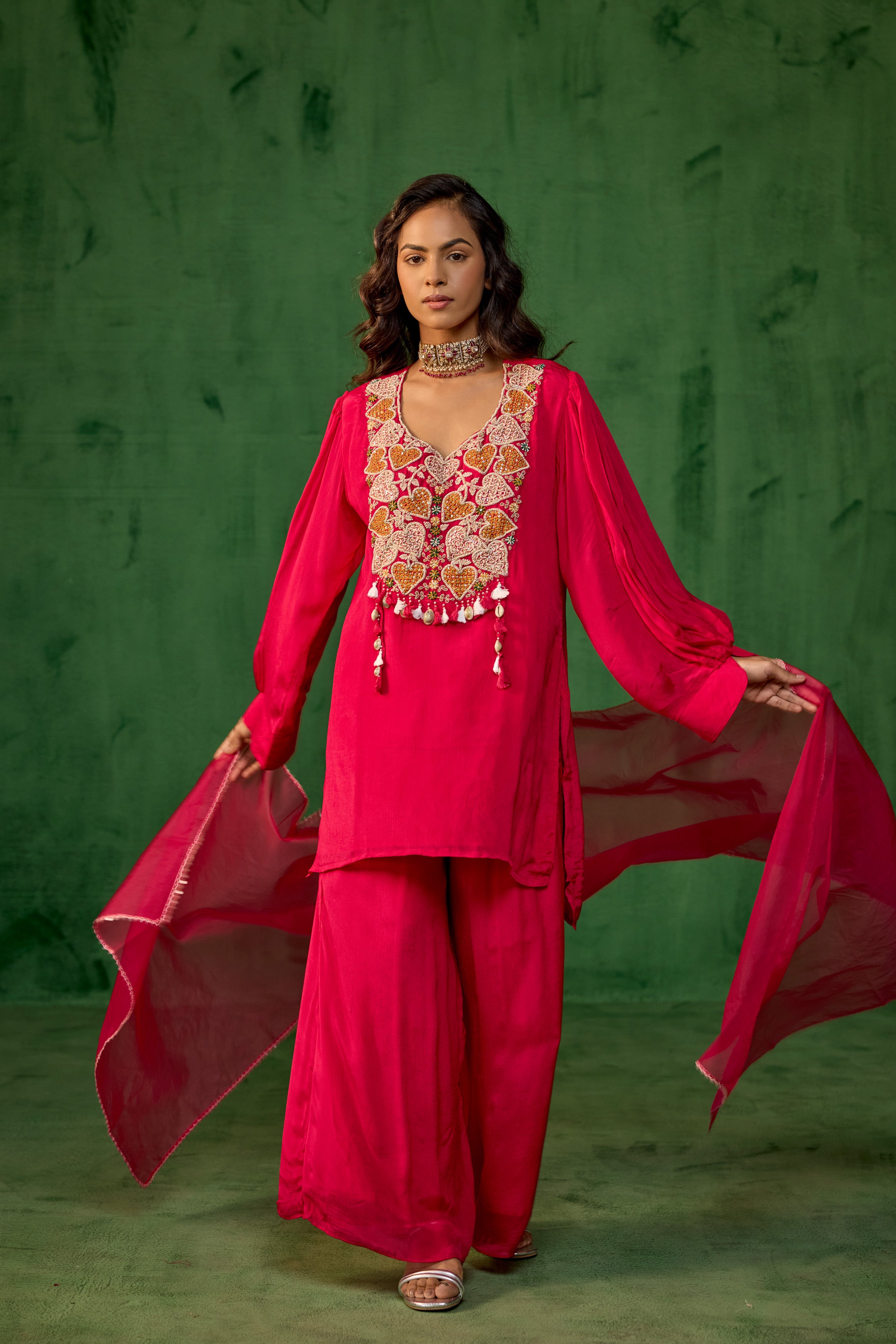 Queen Pink Embellished Chinon Silk Palazzo Set