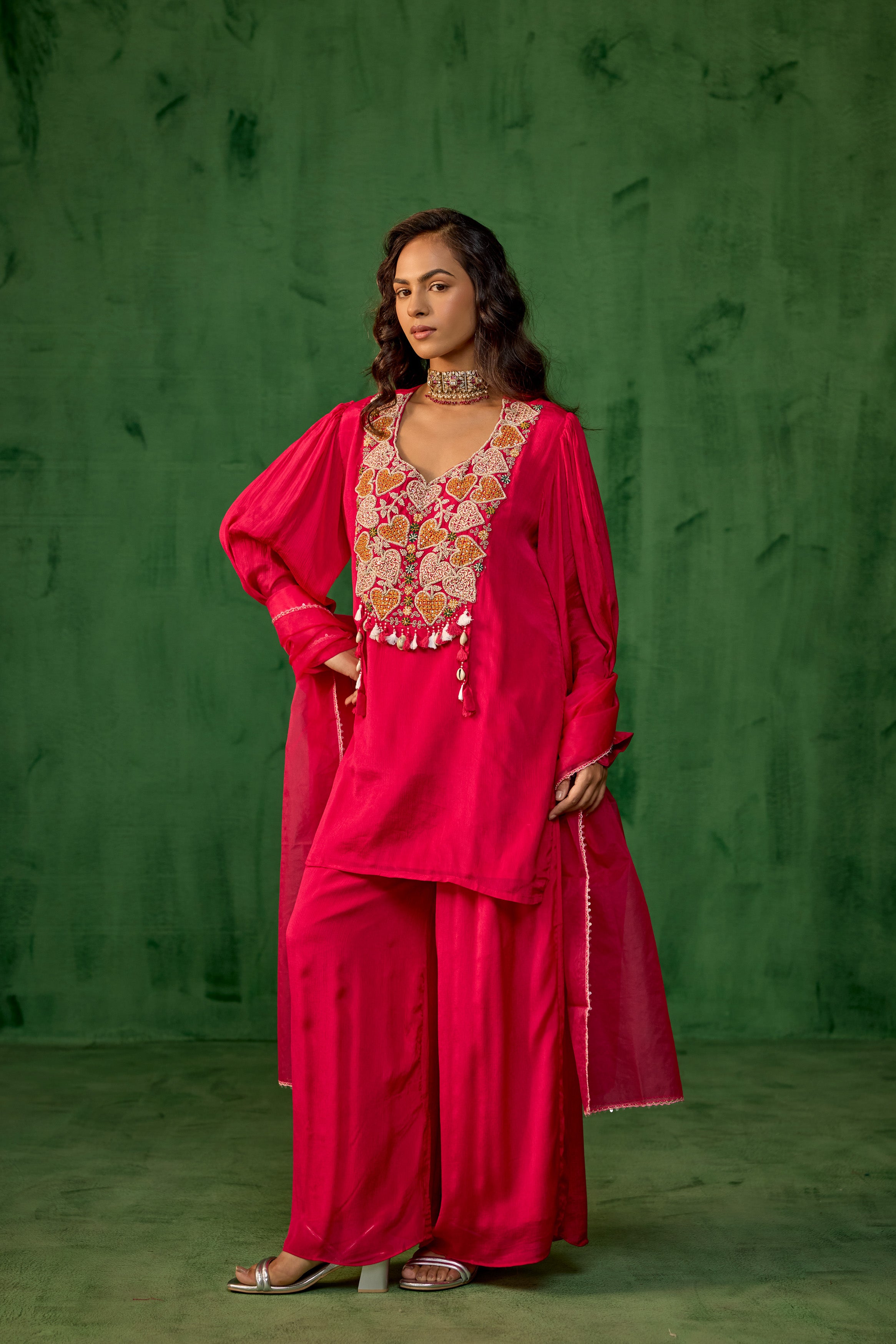 Queen Pink Embellished Chinon Silk Palazzo Set