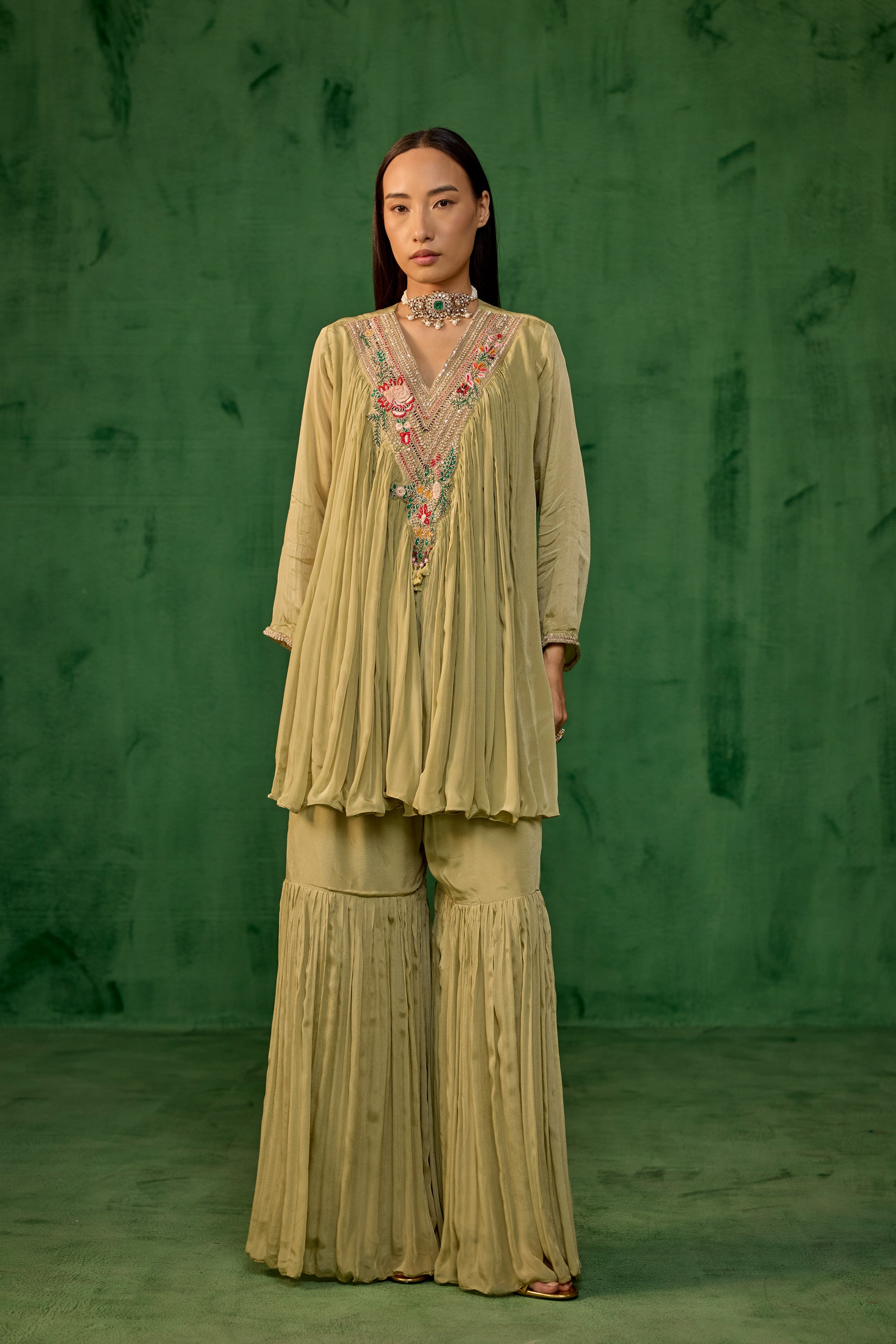 Sage Green Embellished Chinon Silk Sharara Set