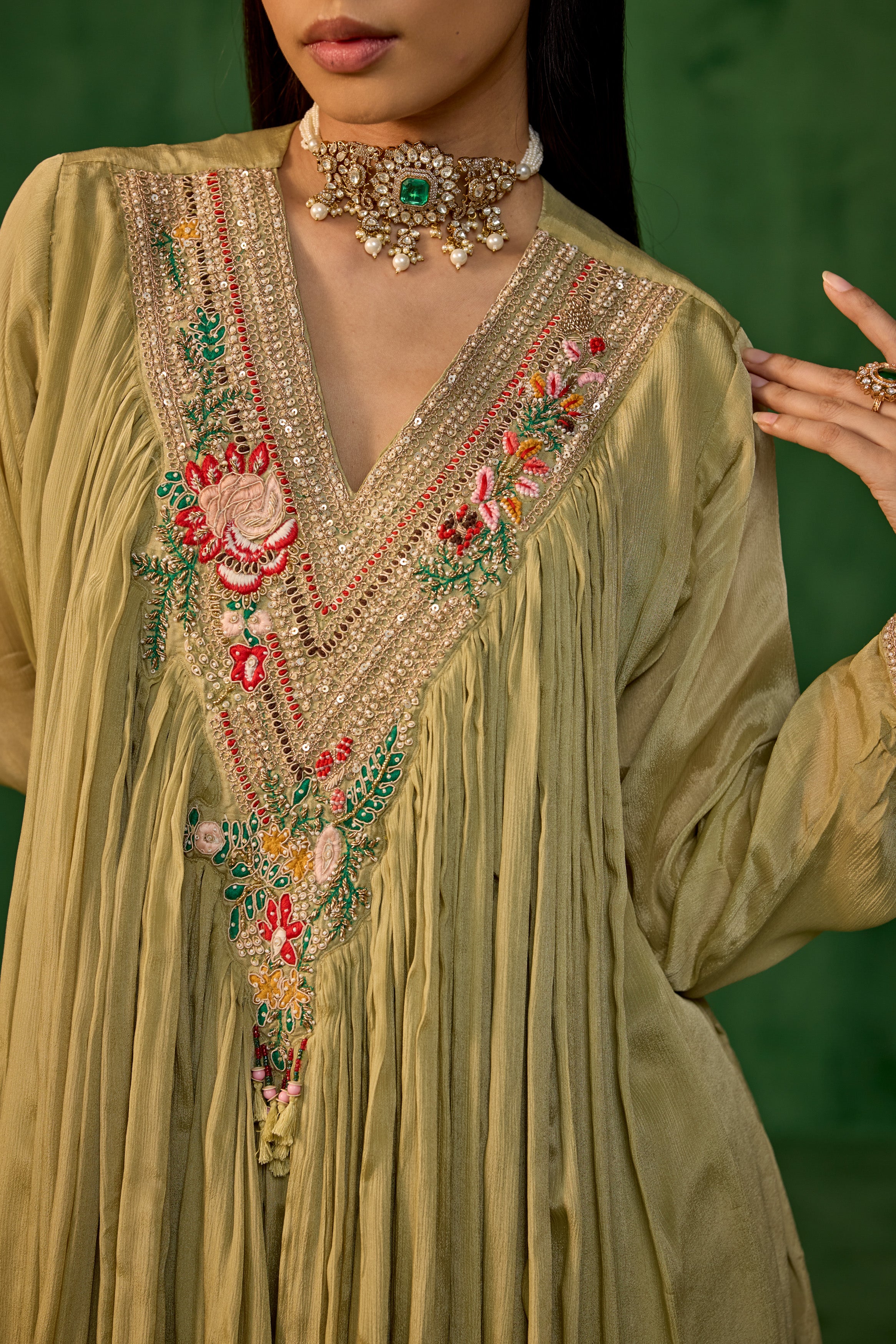 Sage Green Embellished Chinon Silk Sharara Set