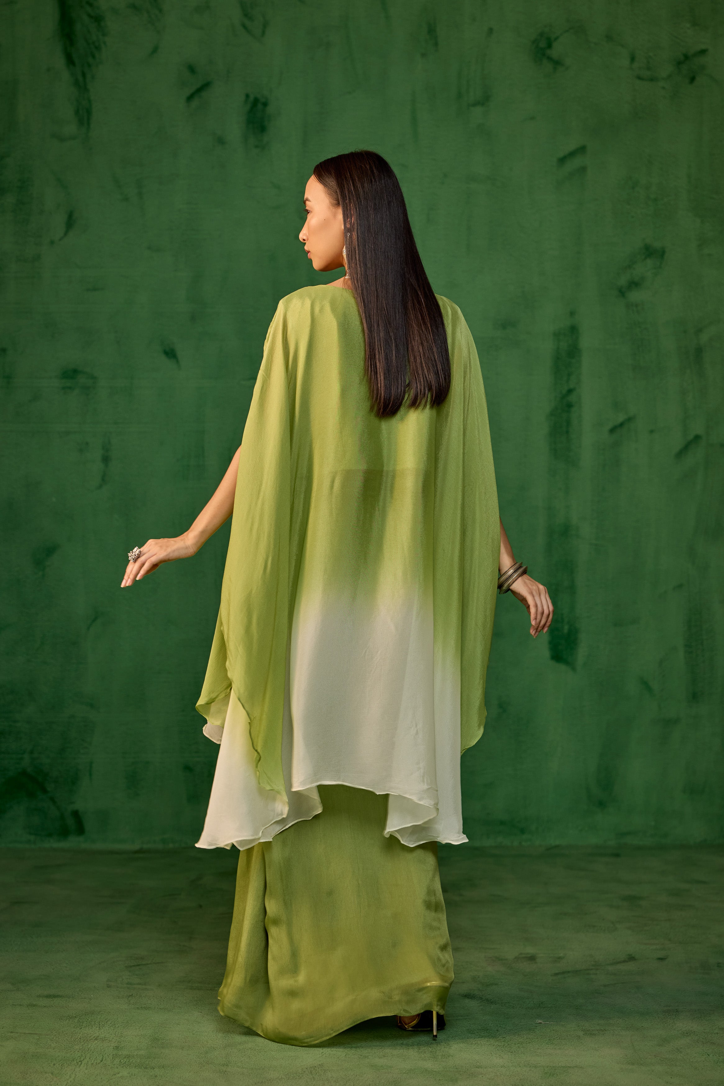 Ombre Green Embroidered Chinon Silk Kaftan Set