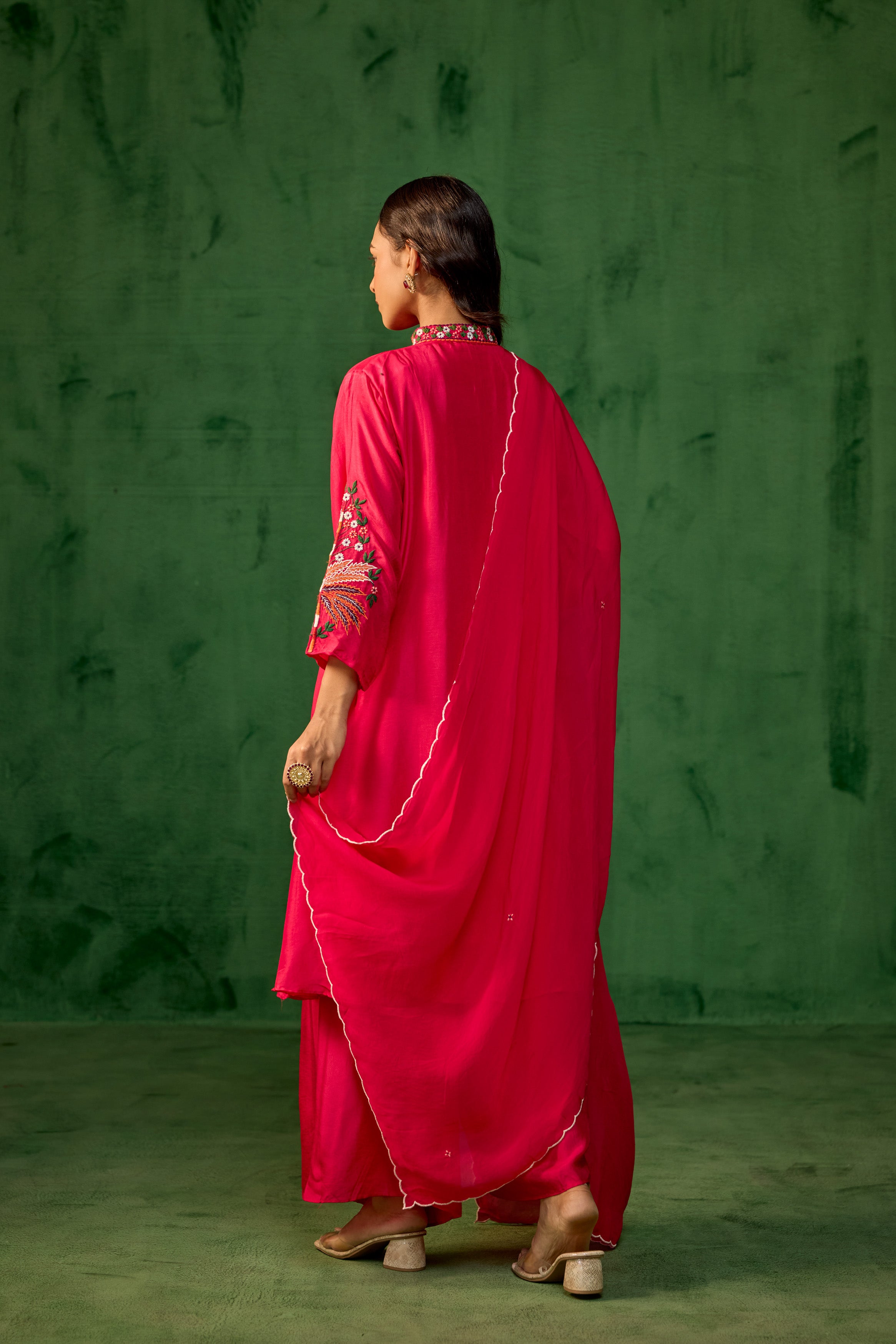 Fuchsia Pink Embroidered Raw Silk Palazzo Set