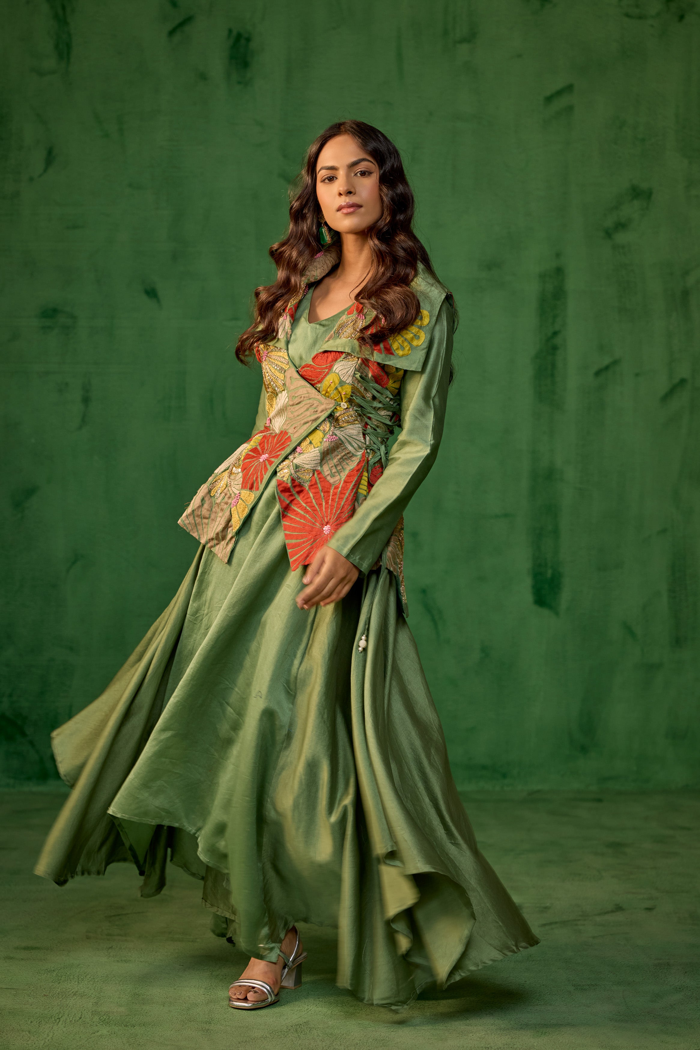 Pistachio Green Embellished Raw Silk Tunic Set