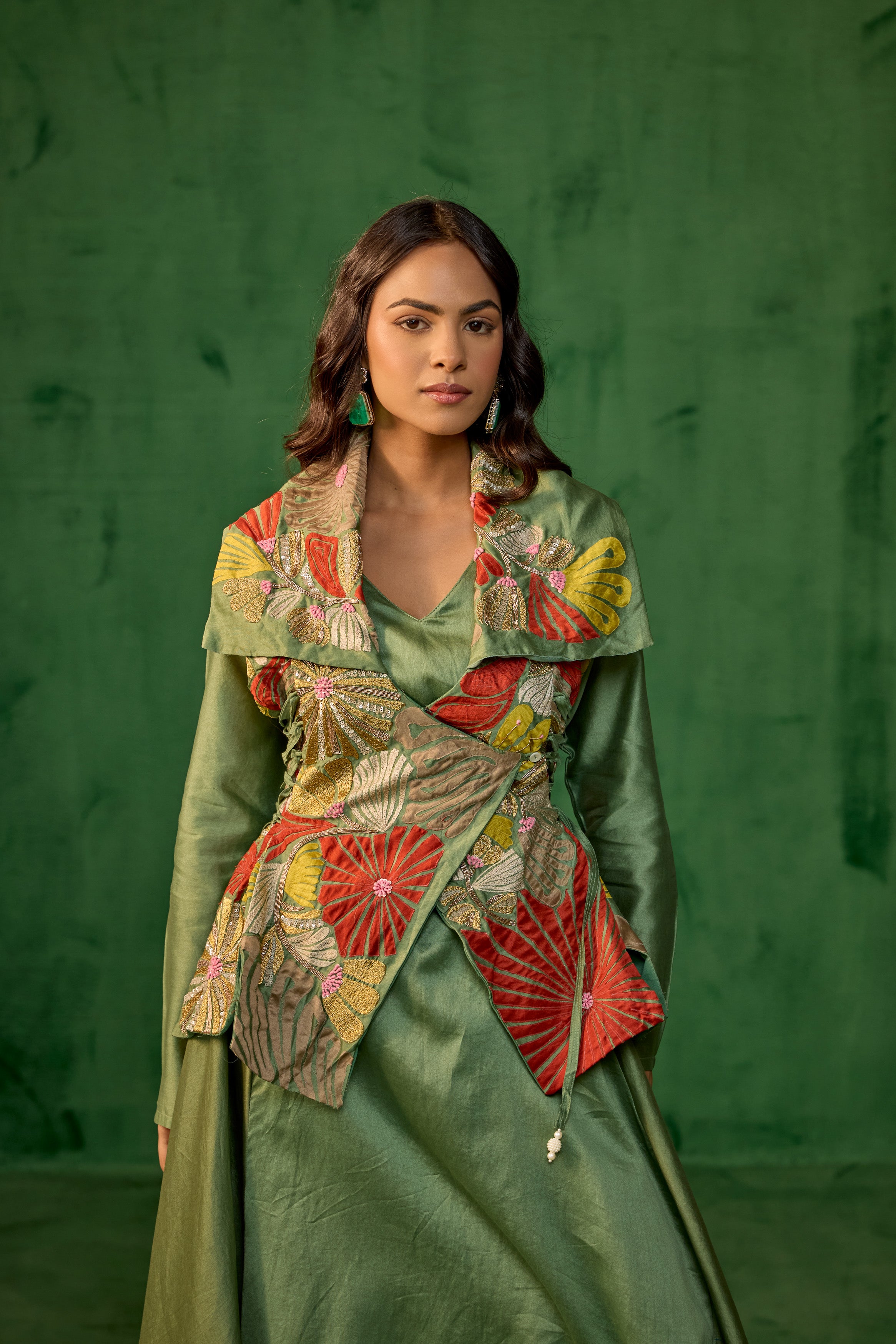 Pistachio Green Embellished Raw Silk Tunic Set