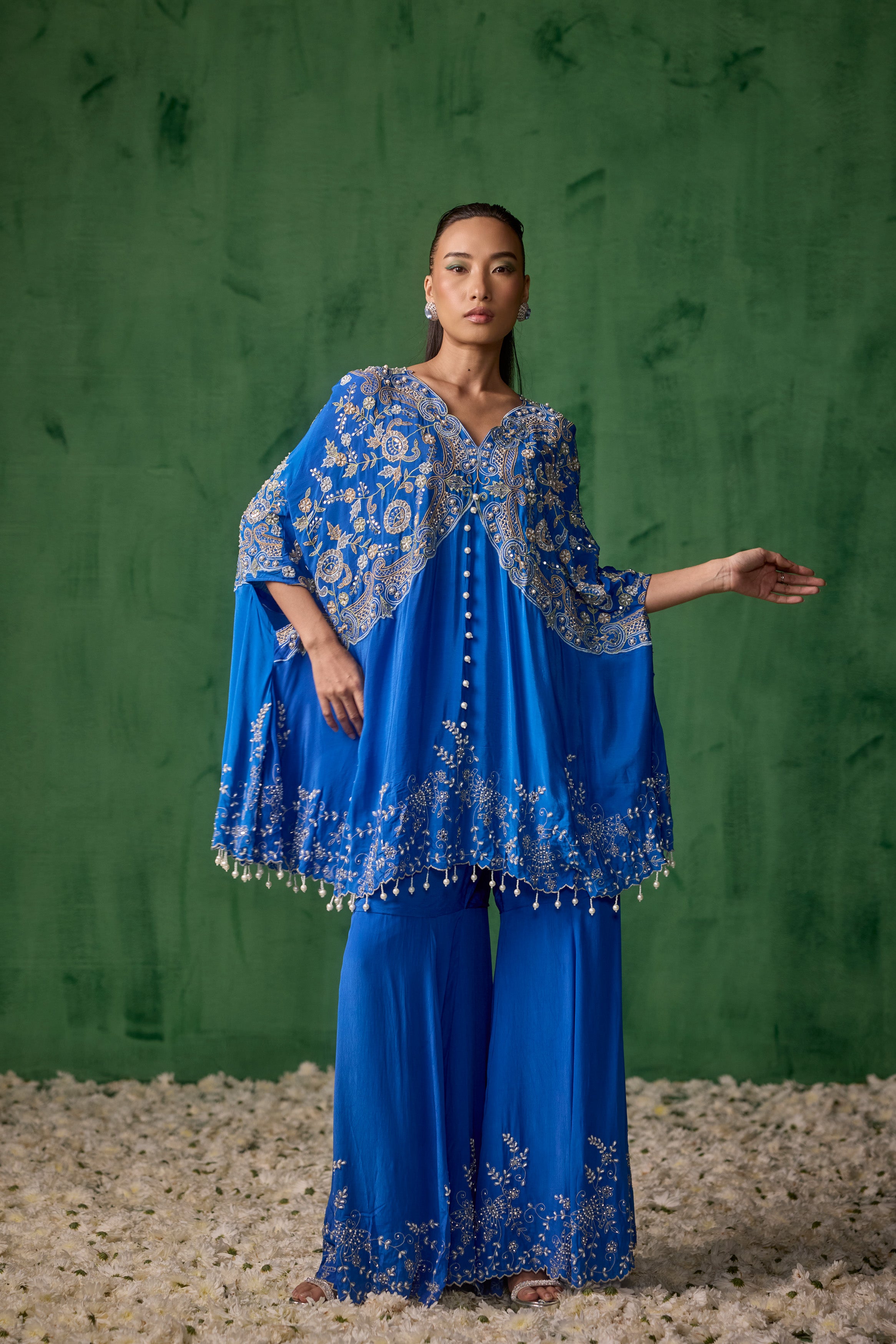 Electric Blue Embellished Chinon Silk Kaftan Set