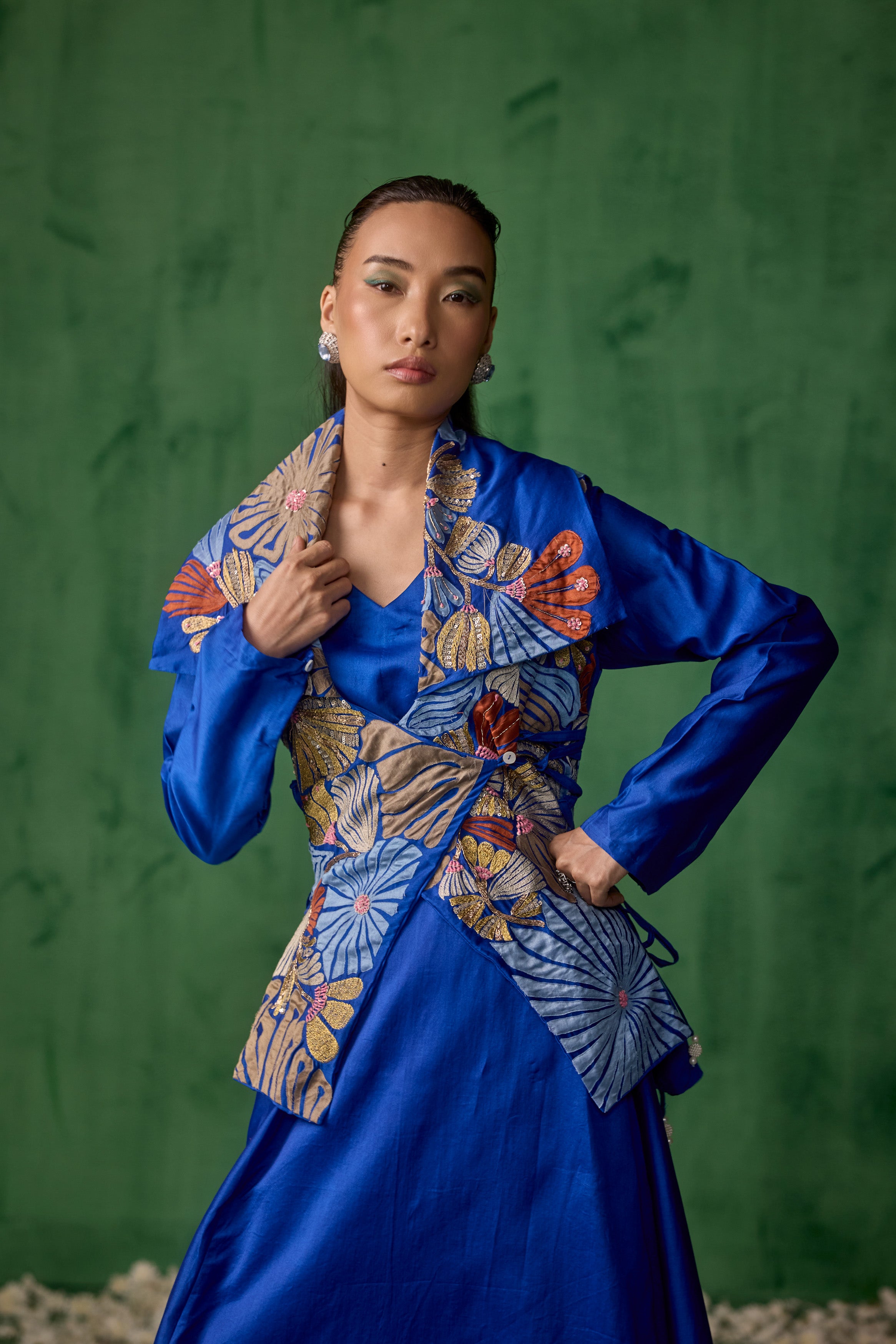 Cobalt Blue Embellished Raw Silk Tunic Set