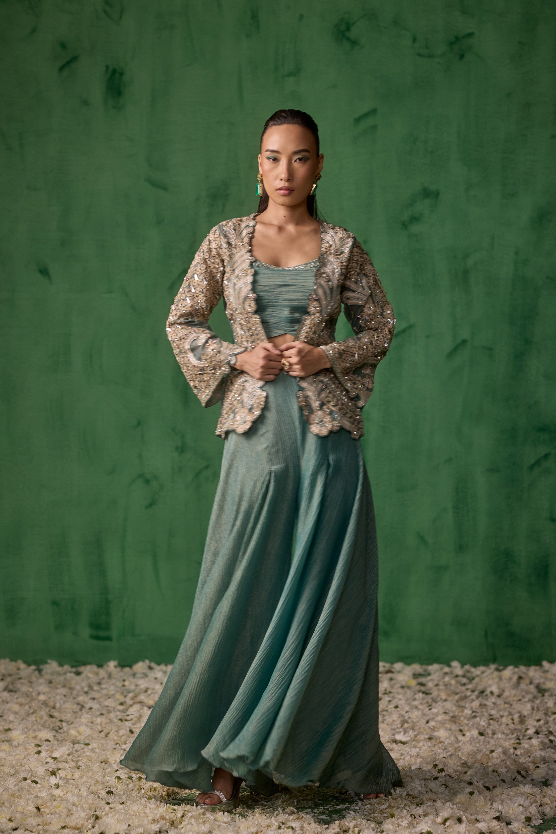 Sage Green Embellished Shimmer Crush Silk Palazzo Set