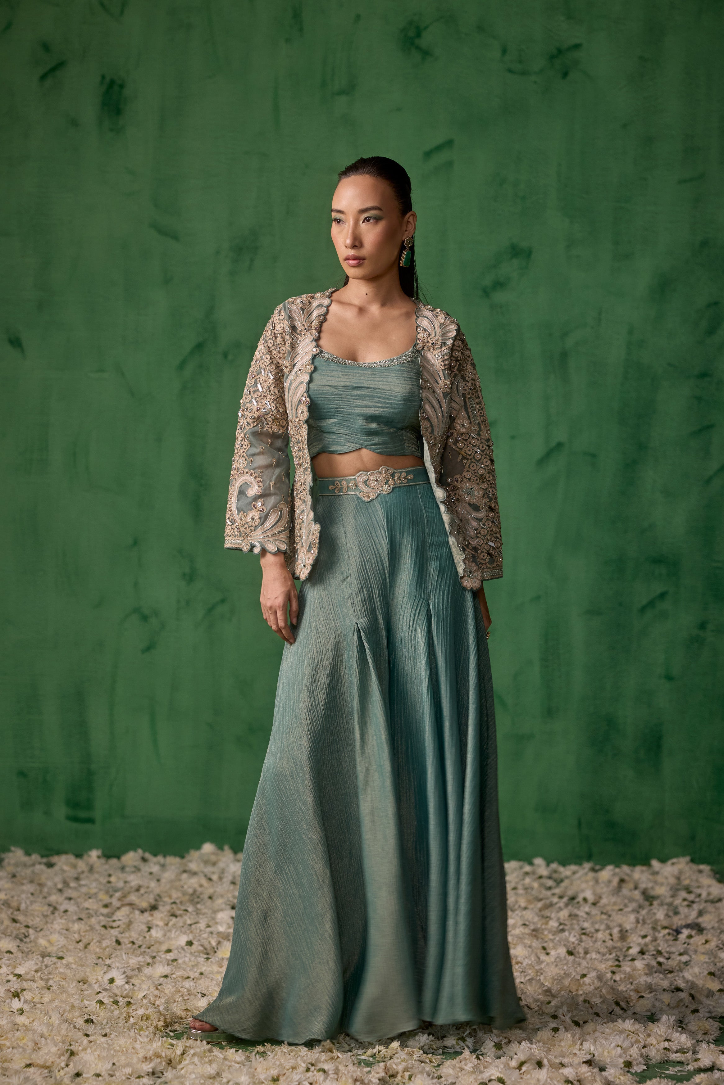 Sage Green Embellished Shimmer Crush Silk Palazzo Set