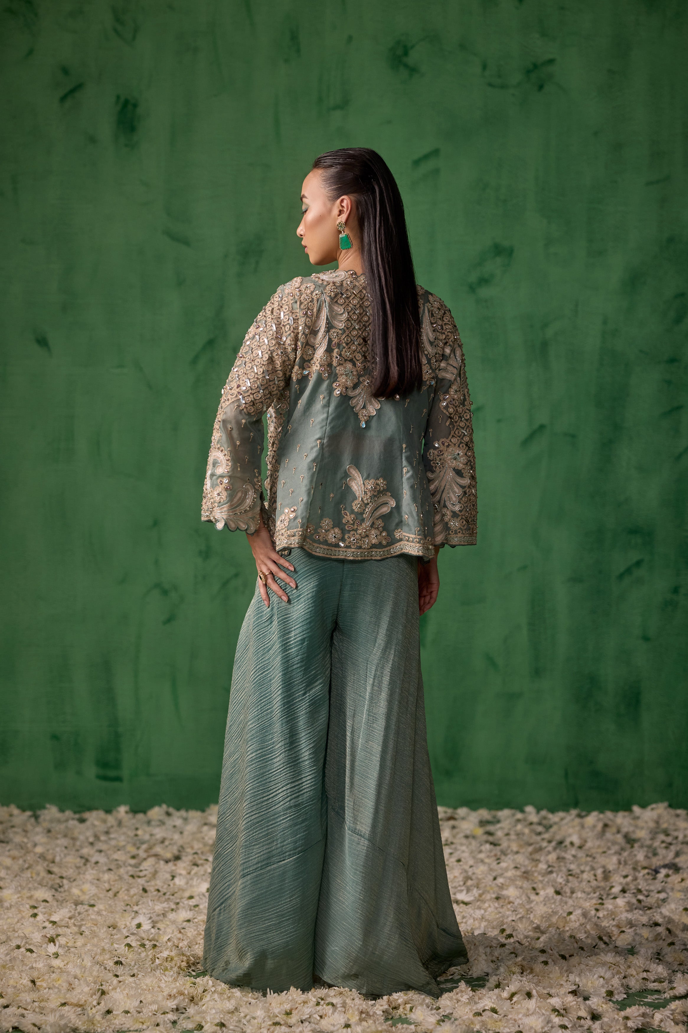 Sage Green Embellished Shimmer Crush Silk Palazzo Set