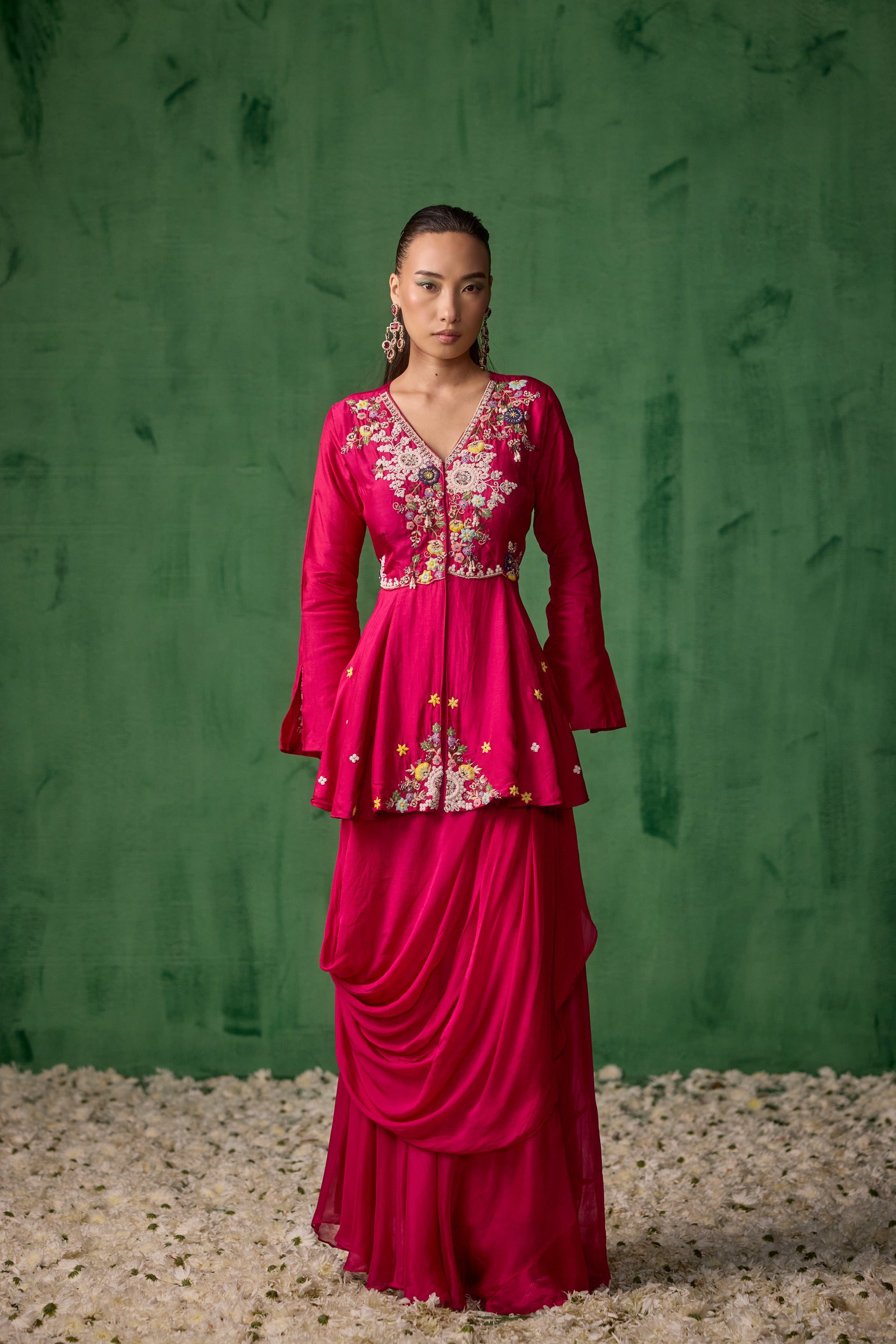 Magenta Pink Embellished Premium Silk Skirt Set