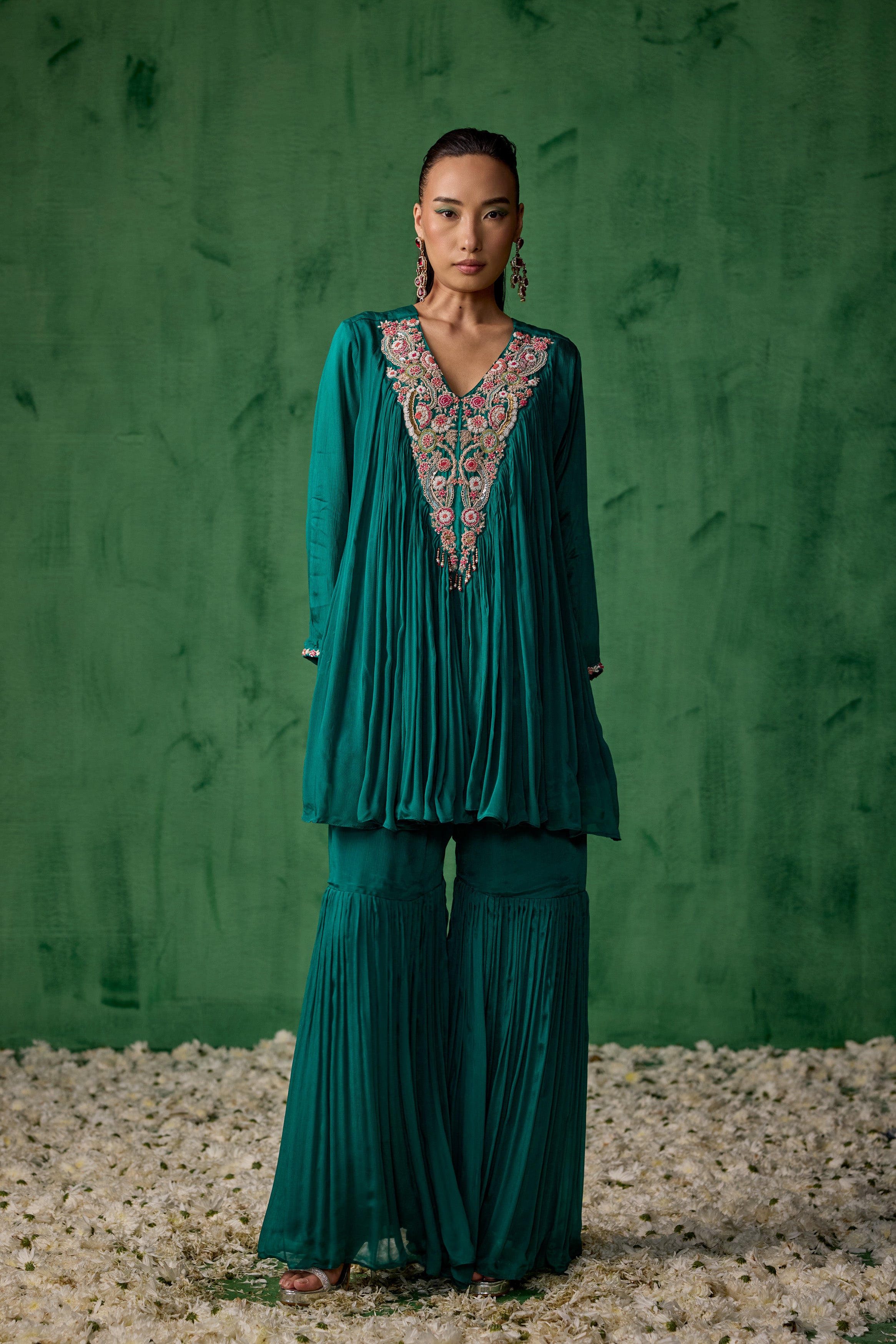 Teal Green Embellished Raw Silk Sharara Set
