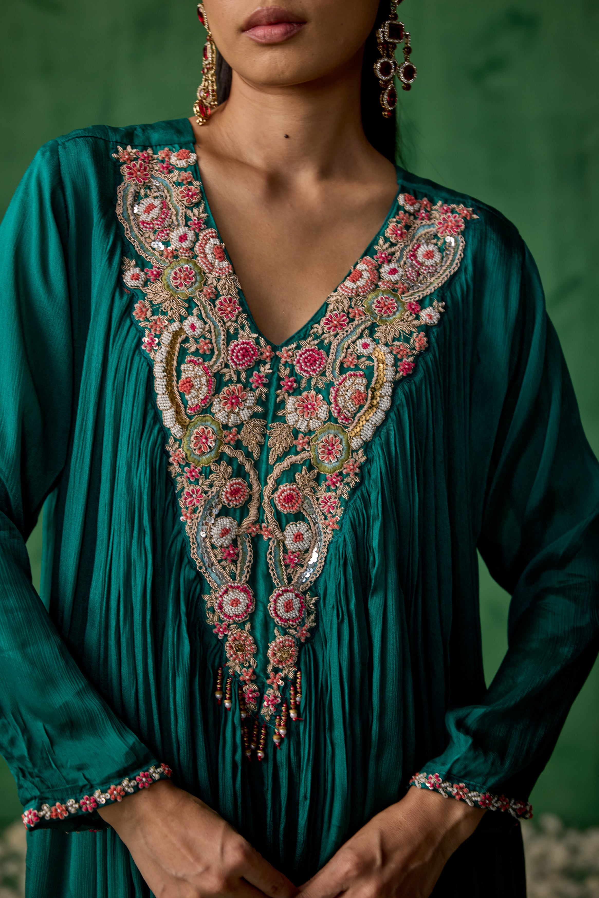 Teal Green Embellished Raw Silk Sharara Set
