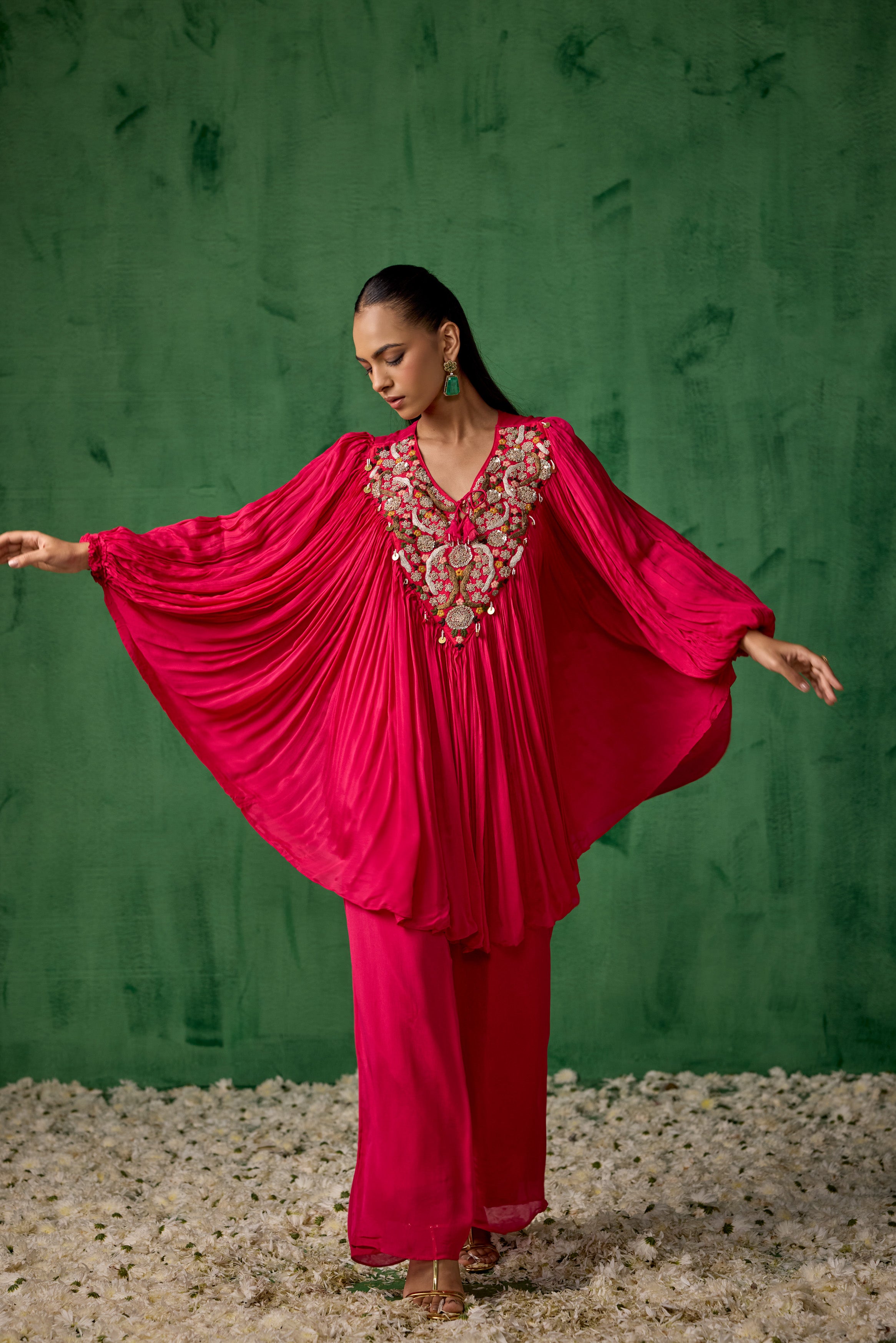 Raspberry Pink Embellished Chinon Silk Kaftan Co-Ord