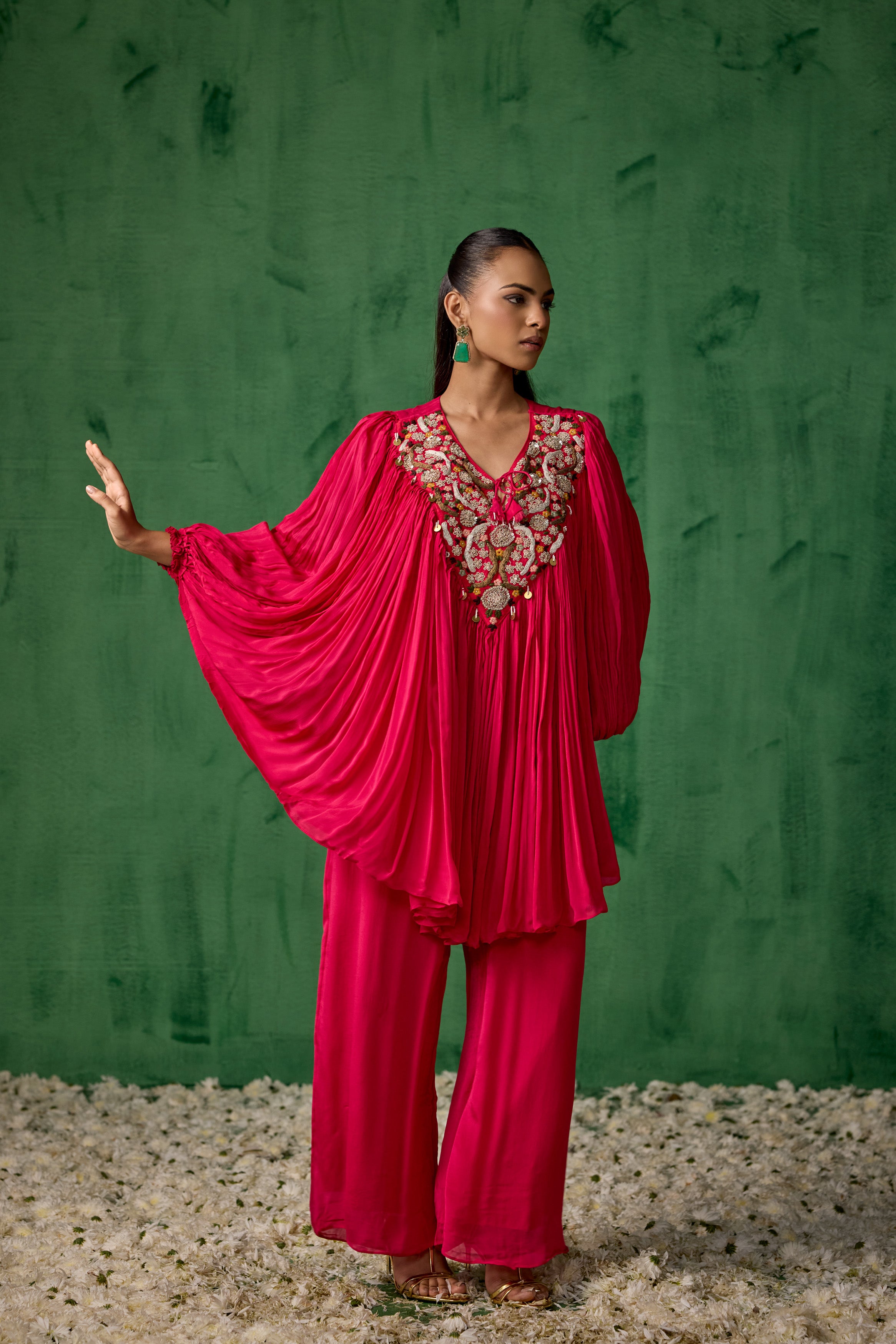 Raspberry Pink Embellished Chinon Silk Kaftan Co-Ord