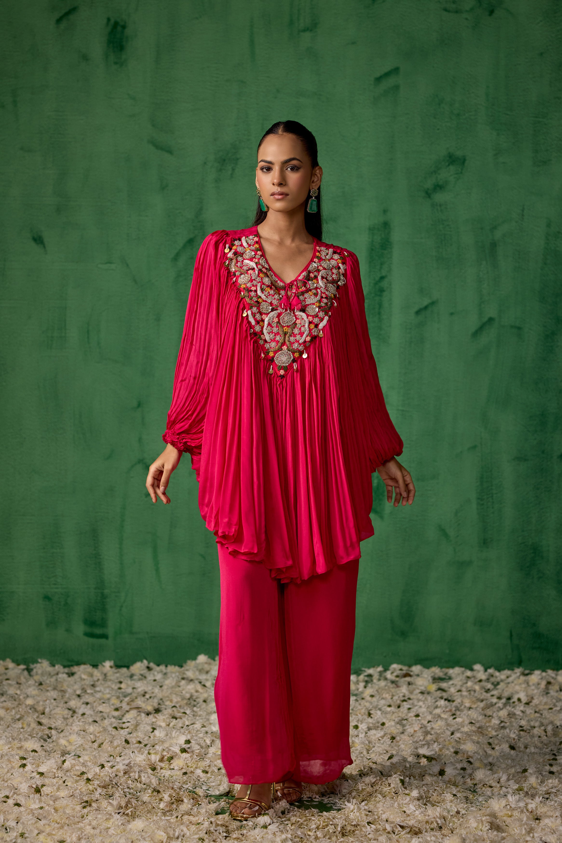 Red Embellished Chinon Silk Kaftan Set
