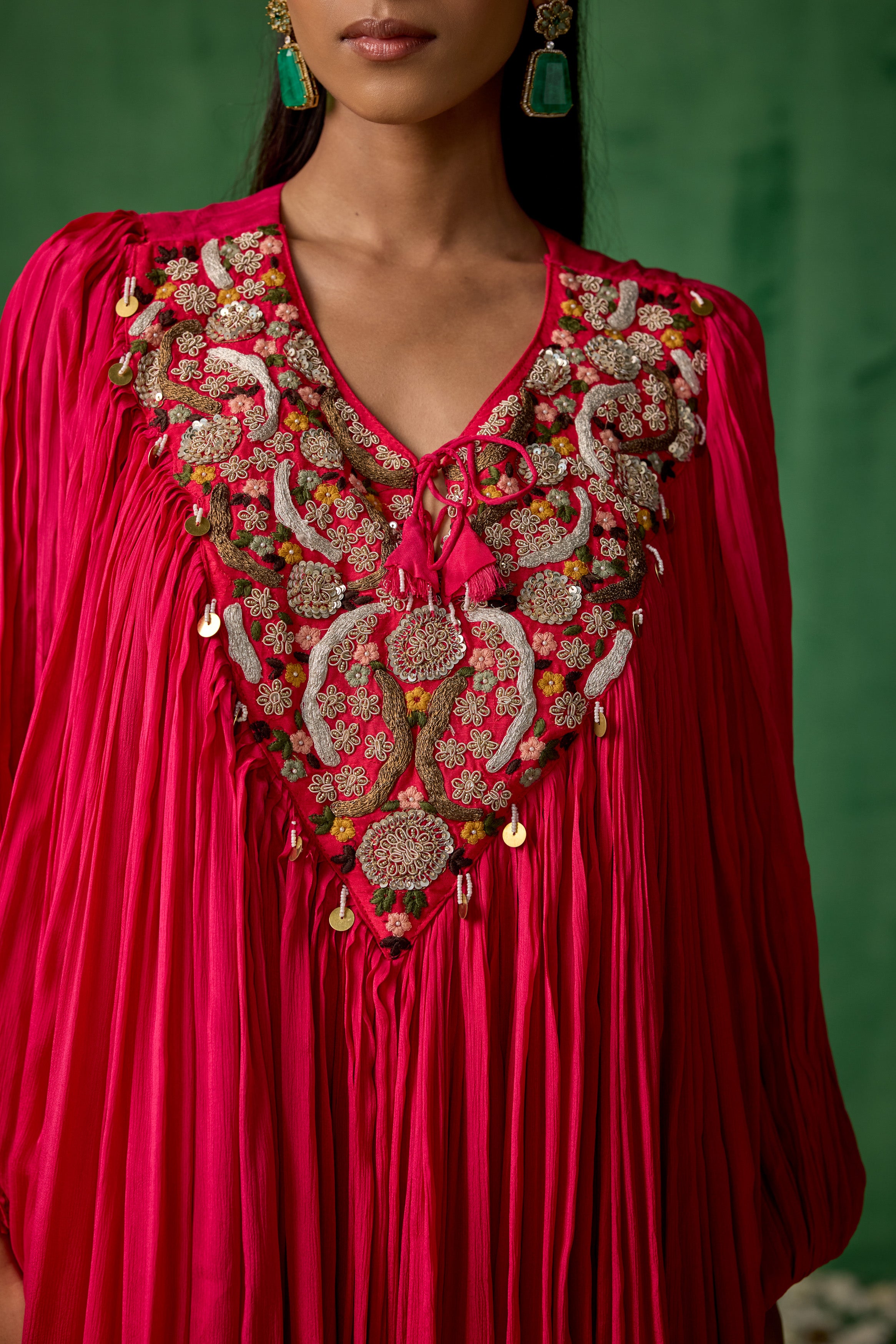 Red Embellished Chinon Silk Kaftan Set