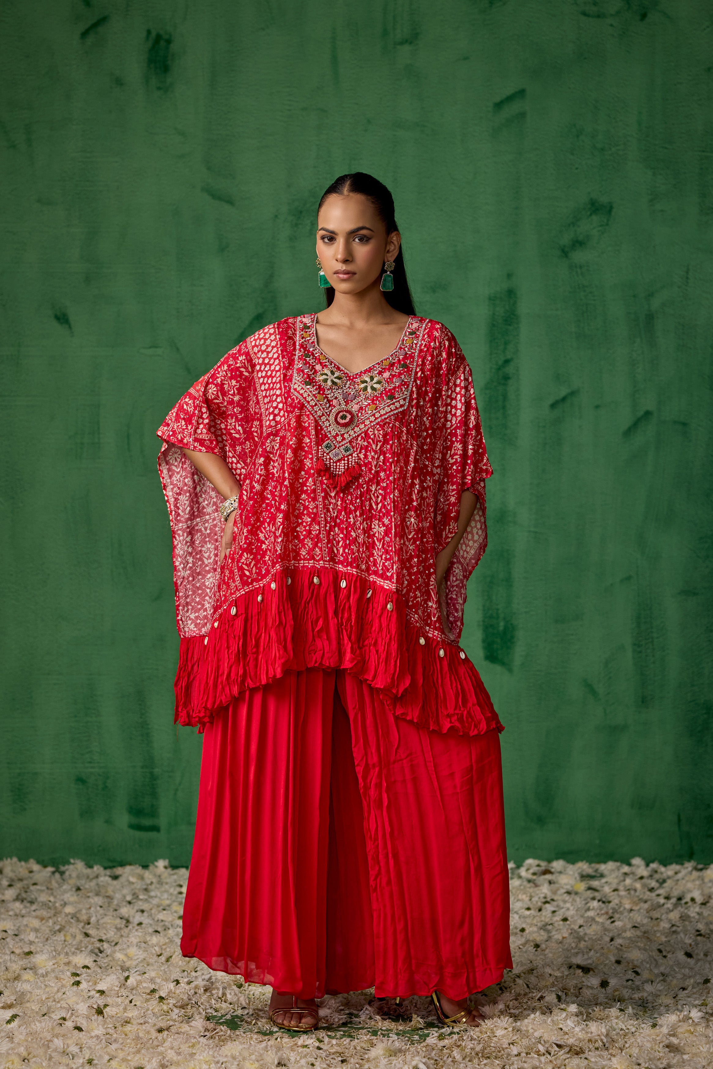 Bright Red Embellished Chinon Silk Kaftan Set