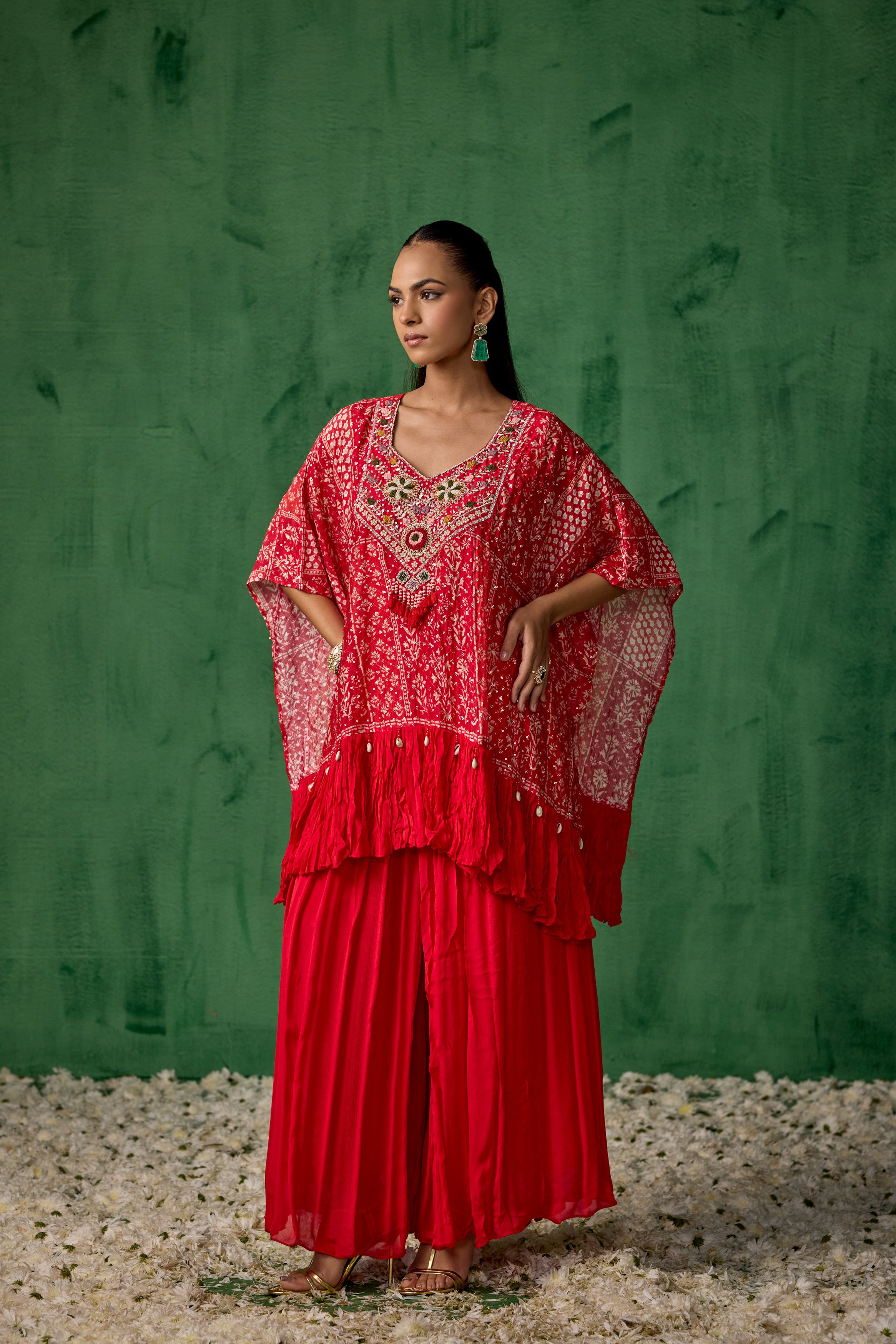Bright Red Embellished Chinon Silk Kaftan Set