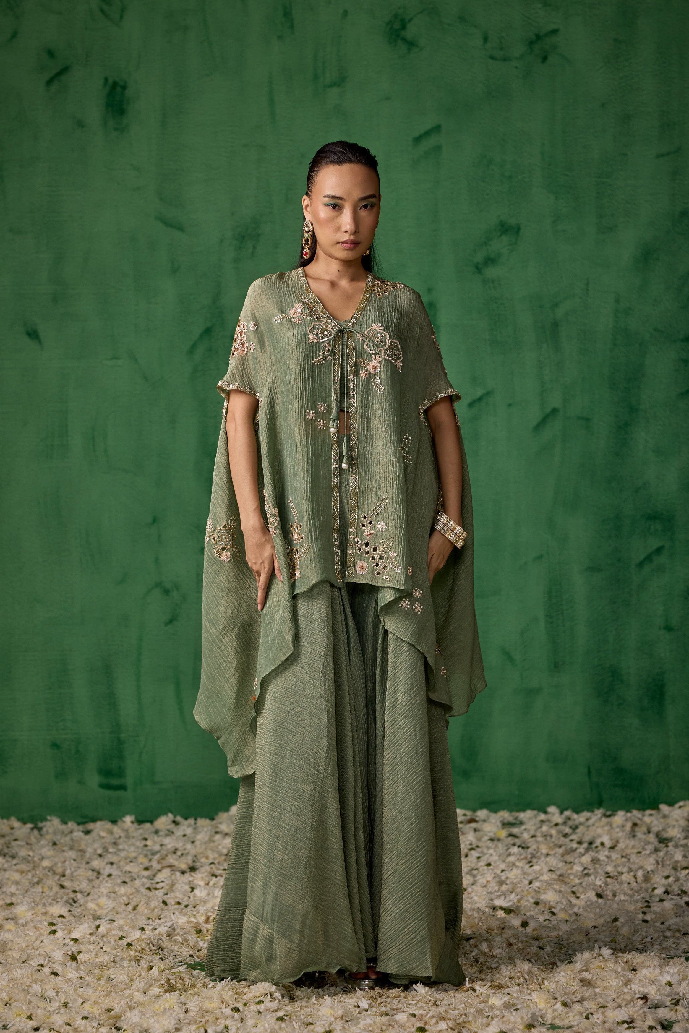 Light Green Embellished Shimmer Organza Silk Cape Set