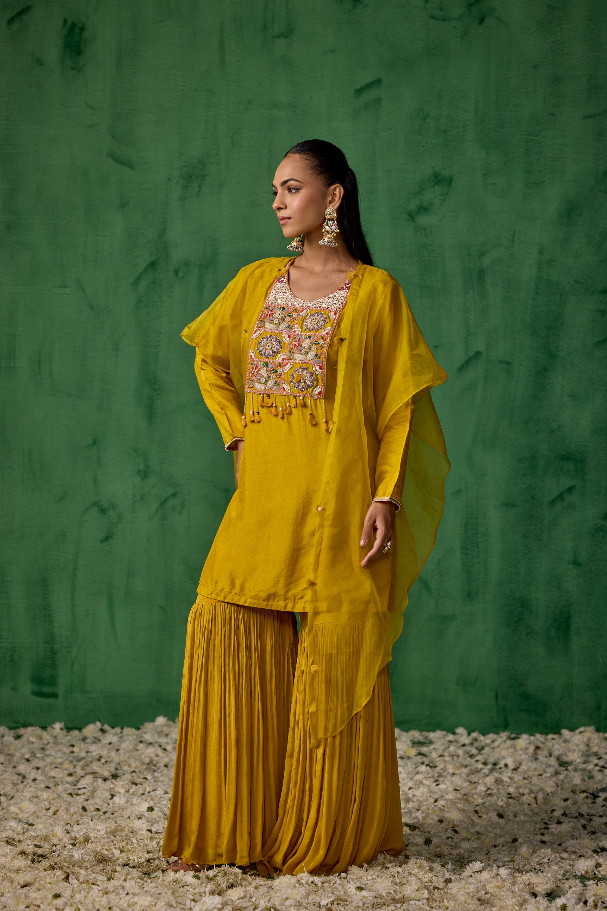 Mustard Yellow Embellished Raw Silk Sharara Set