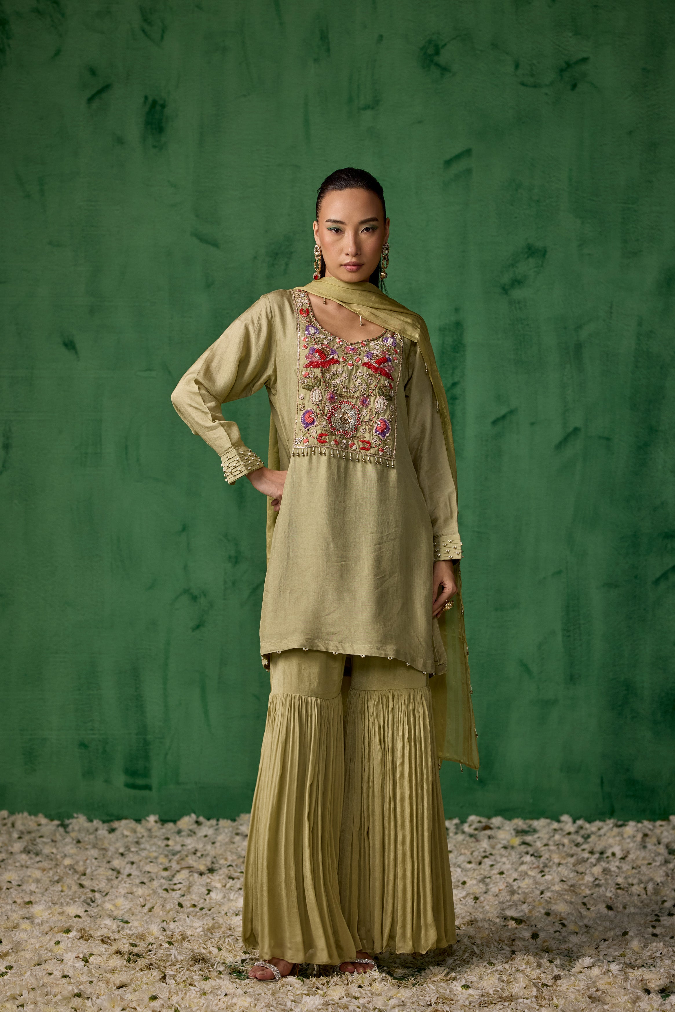 Pista Green Embellished  Muslin Silk Sharara Set