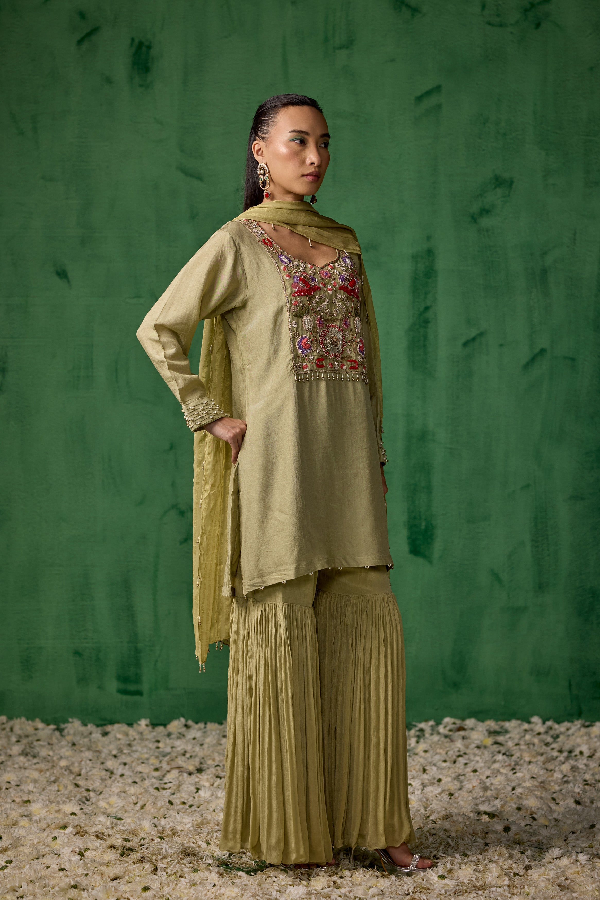 Pista Green Embellished  Muslin Silk Sharara Set
