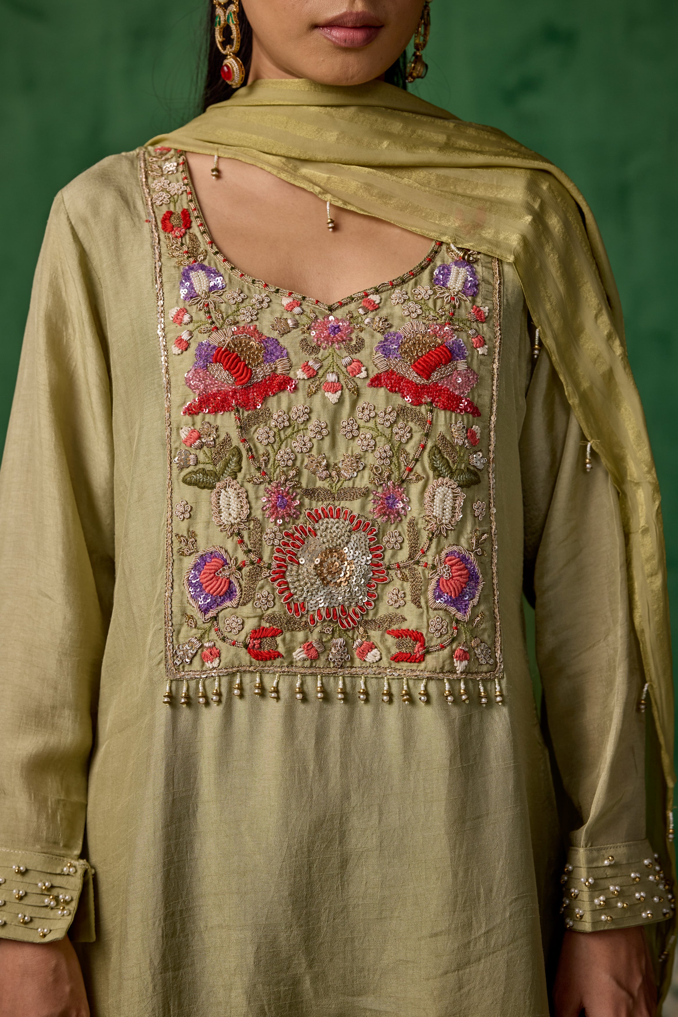 Pista Green Embellished  Muslin Silk Sharara Set