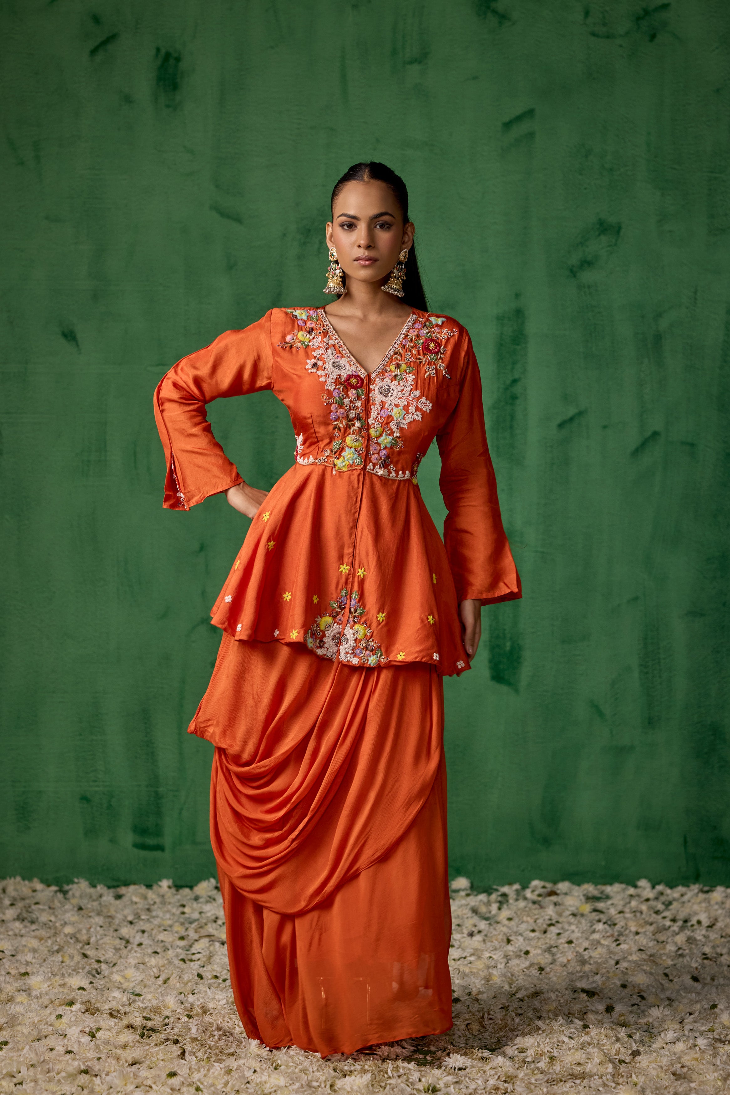 Bright Orange Embellished Premium Silk Skirt Set