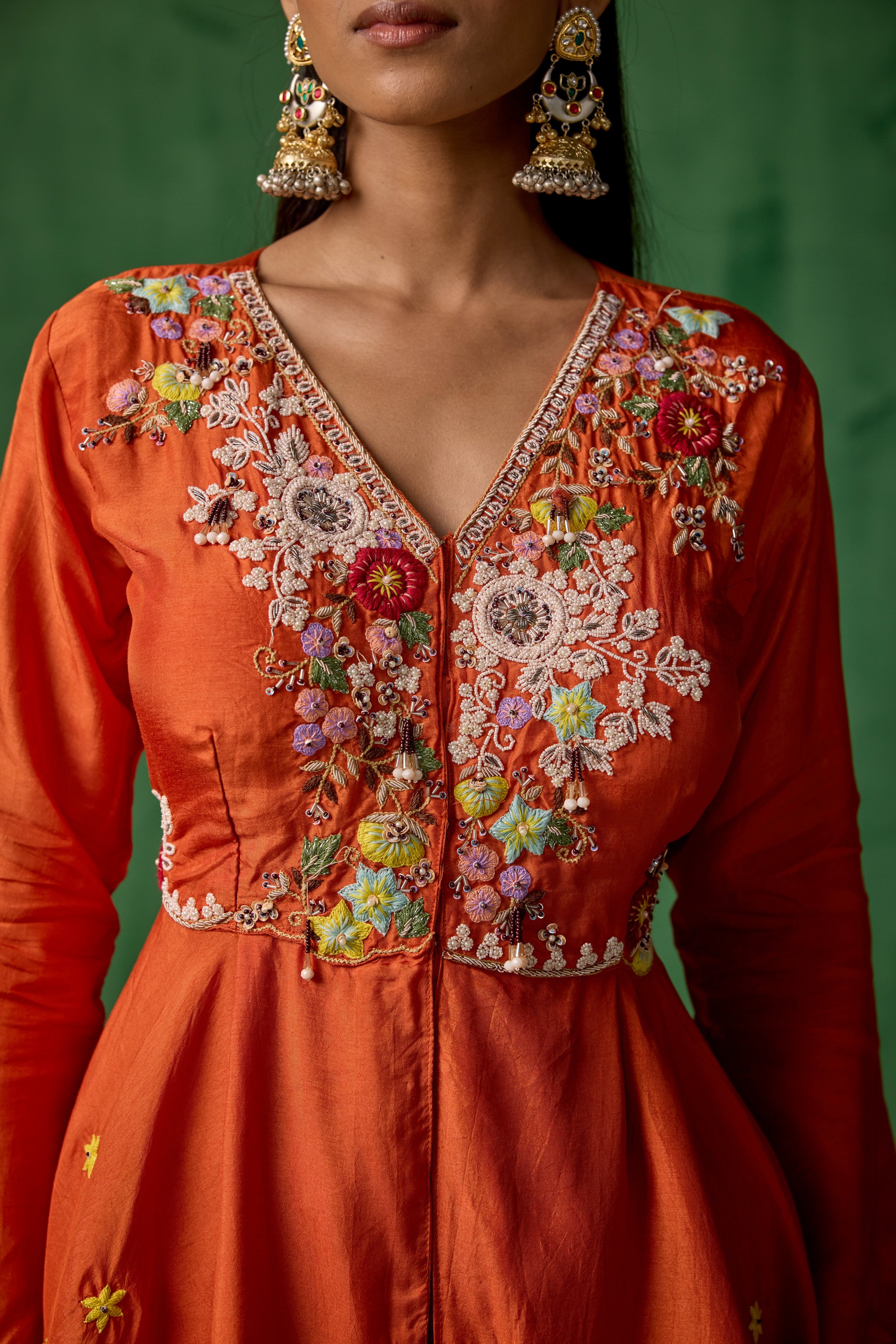 Bright Orange Embellished Premium Silk Skirt Set