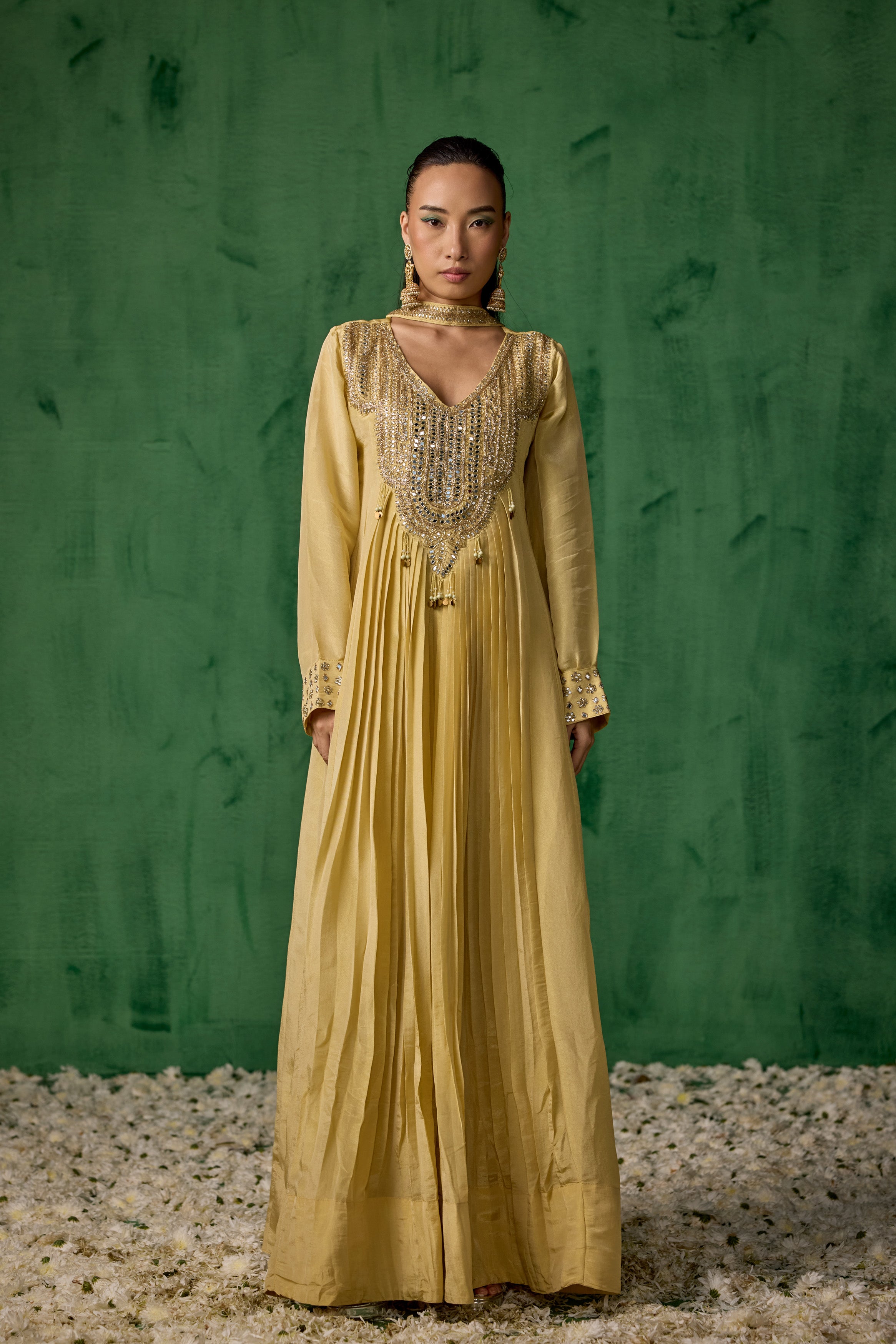 Beige Embellished  Shimmer Organza Silk Anarkali Set