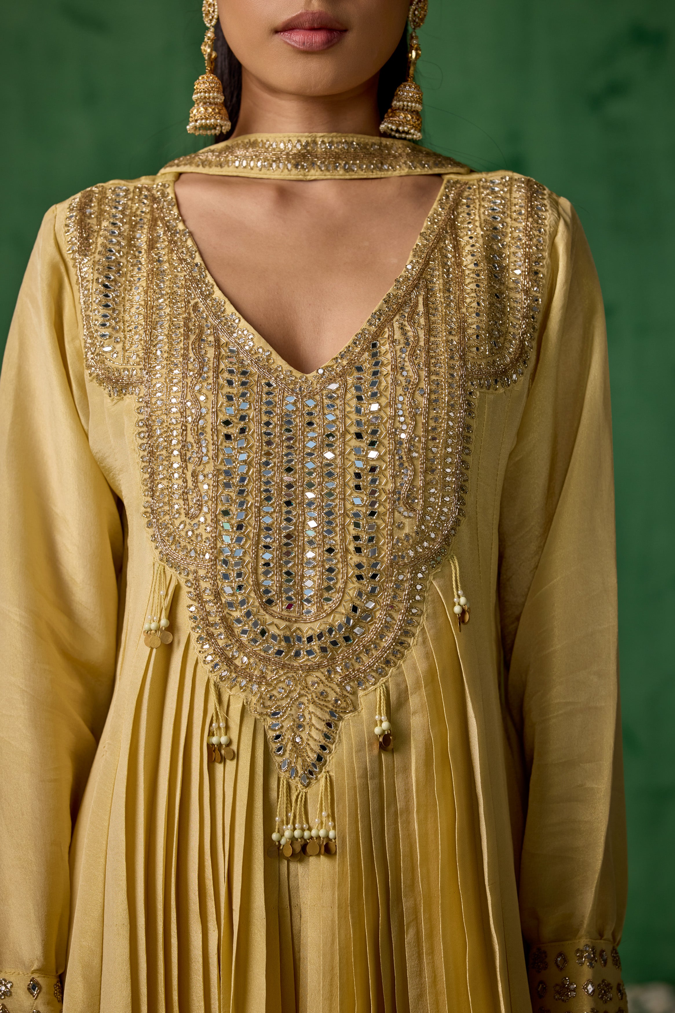 Beige Embellished  Shimmer Organza Silk Anarkali Set