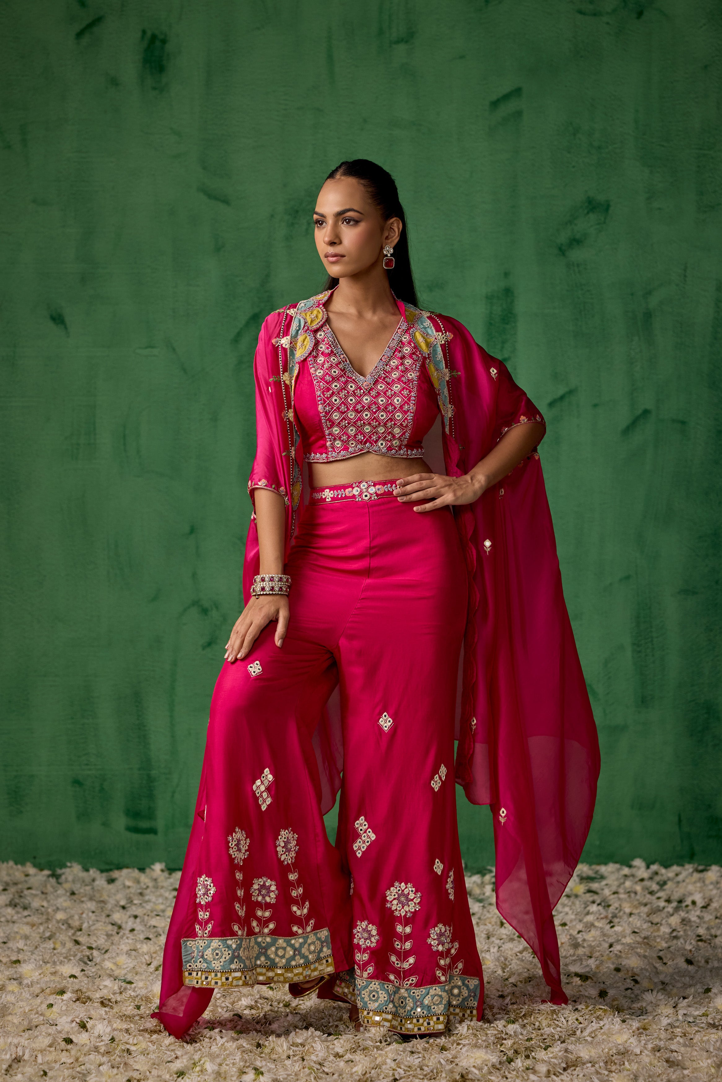 Bright Pink Embellished Chinon Silk Cape Set