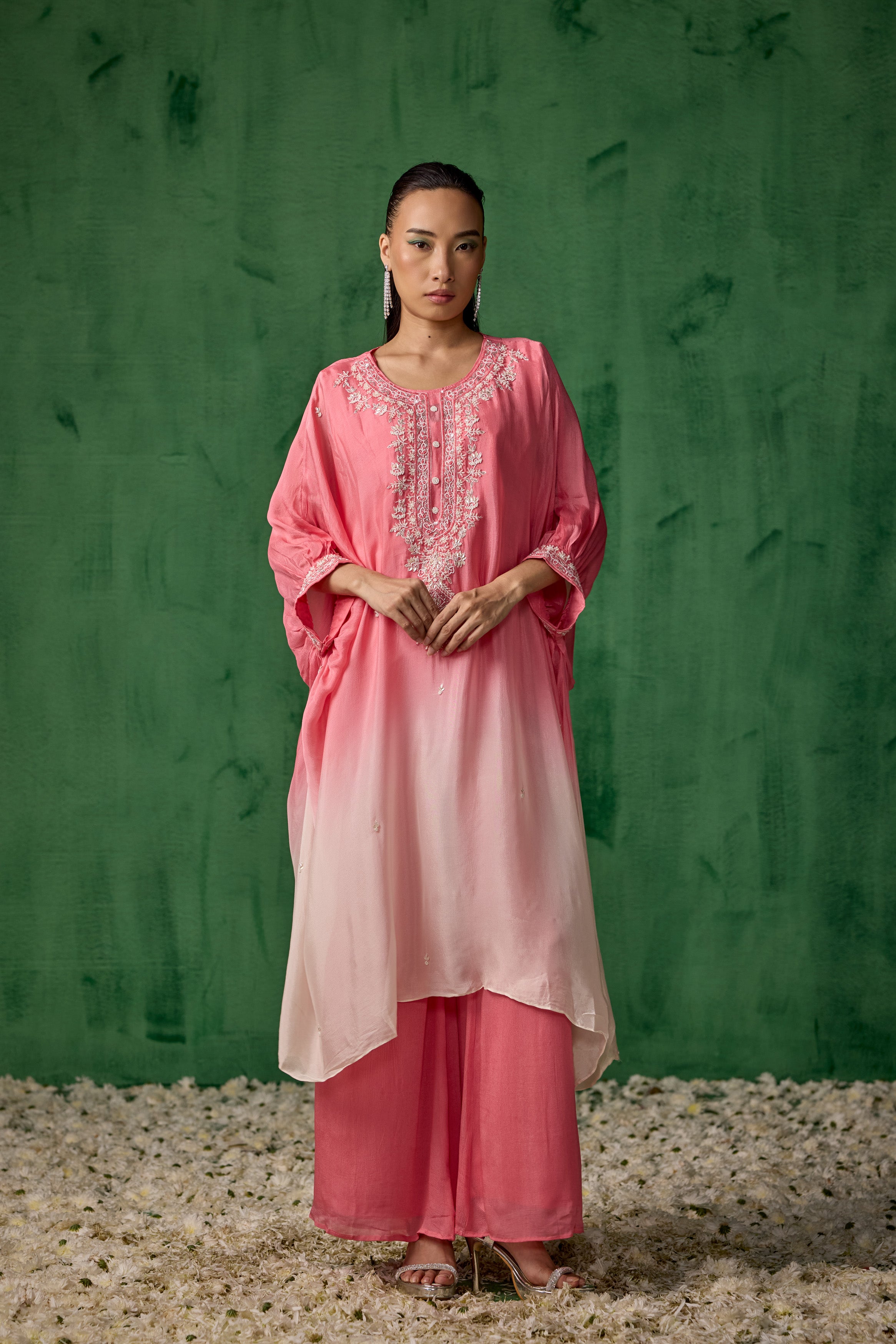Blush Pink Ombre Embellished Organza Silk Kaftan Set