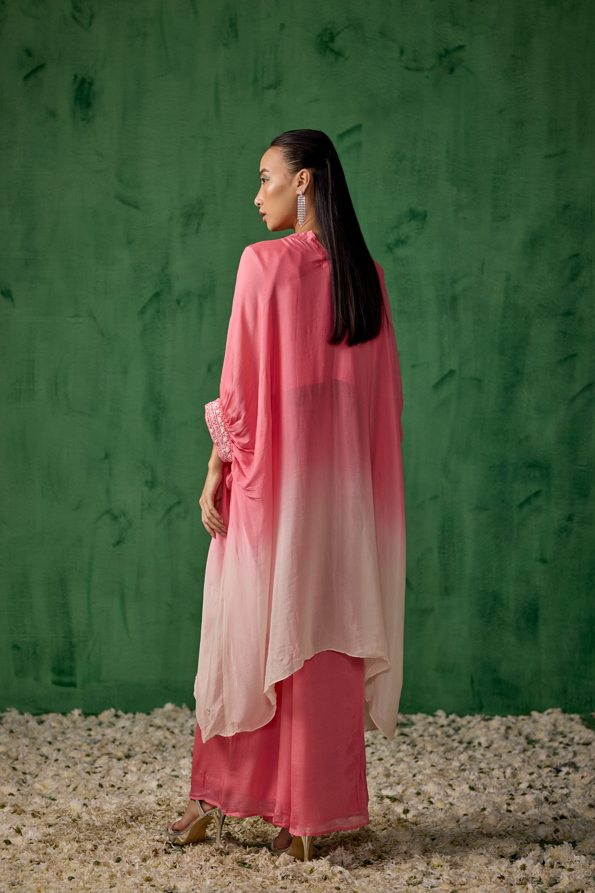 Blush Pink Ombre Embellished Organza Silk Kaftan Set