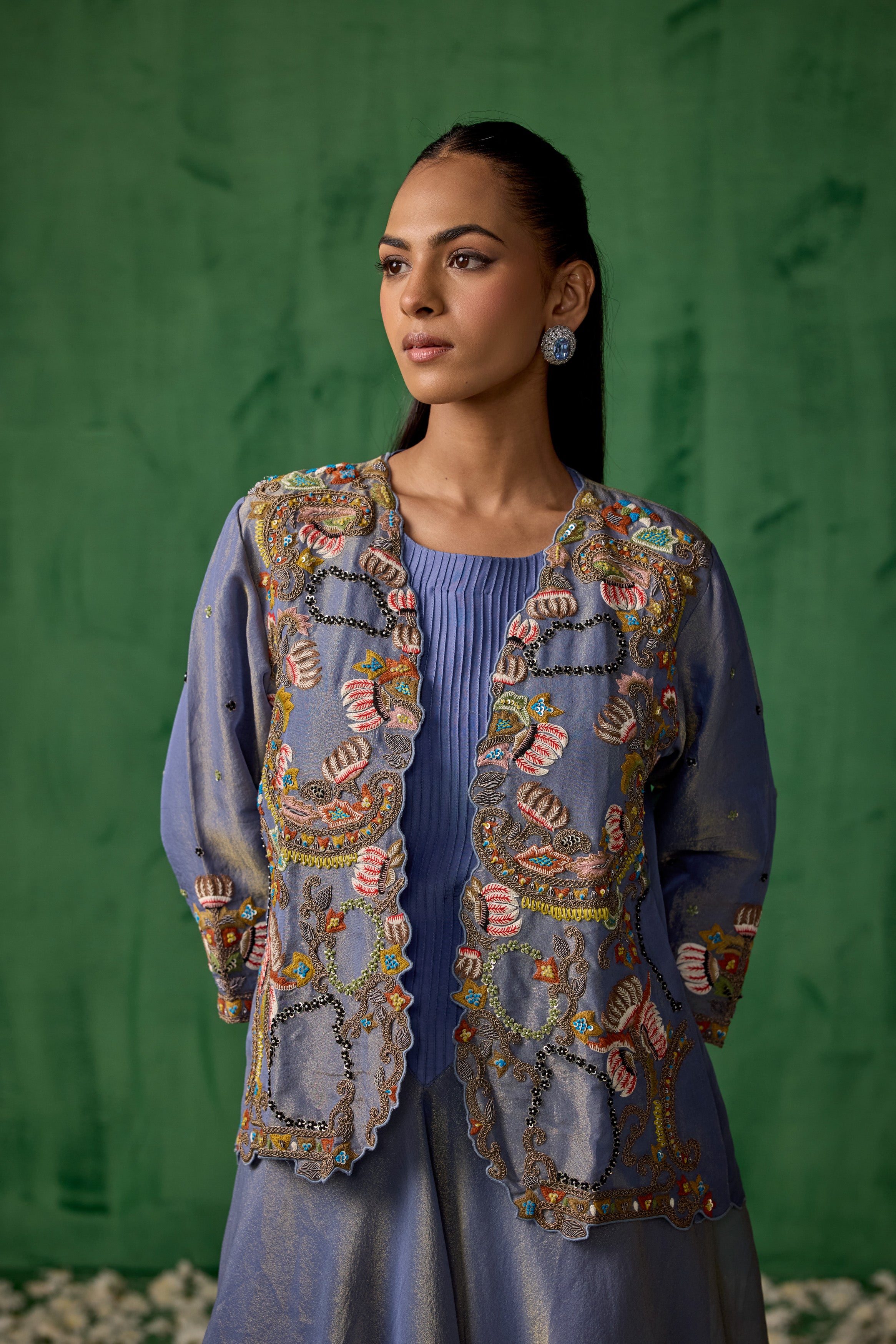 Powder Blue Embellished Satin Silk Tunic Set