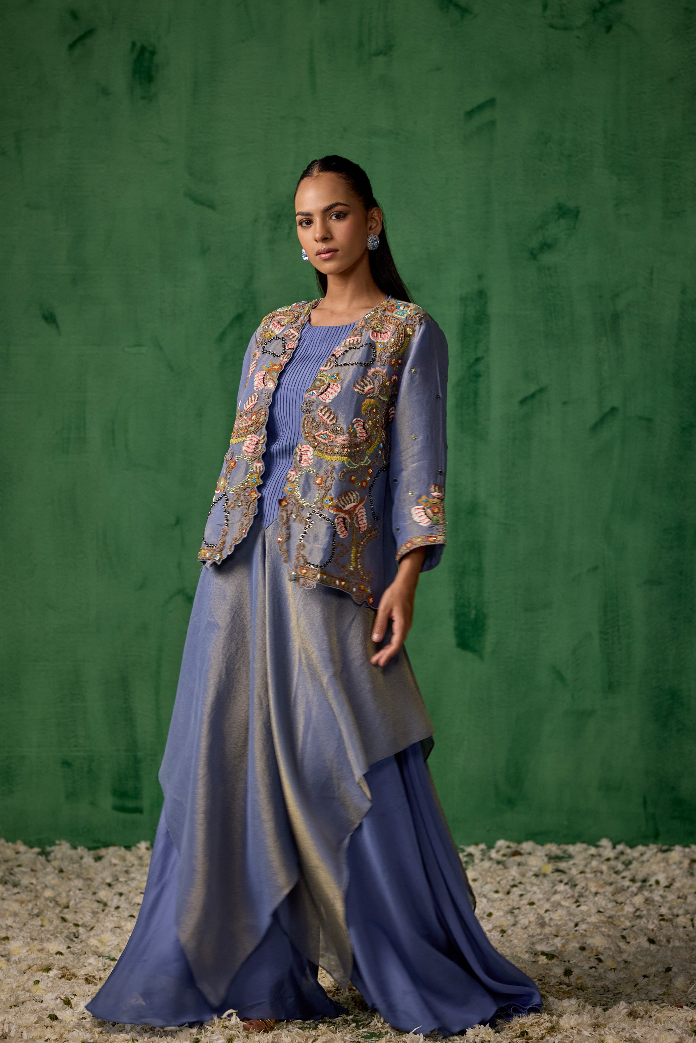 Powder Blue Embellished Satin Silk Tunic Set