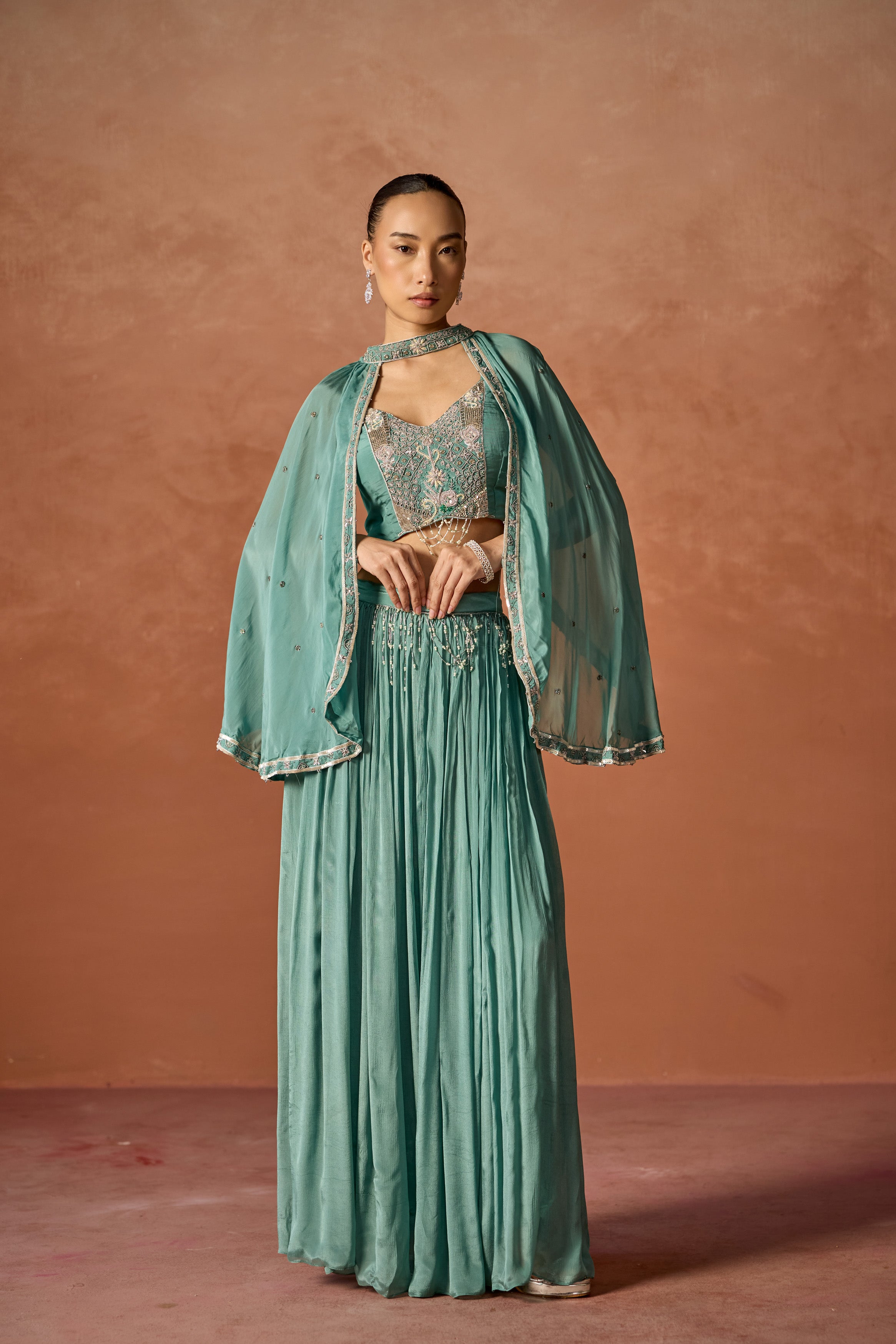 Basil Green Embellished Chinon Silk Cape Set