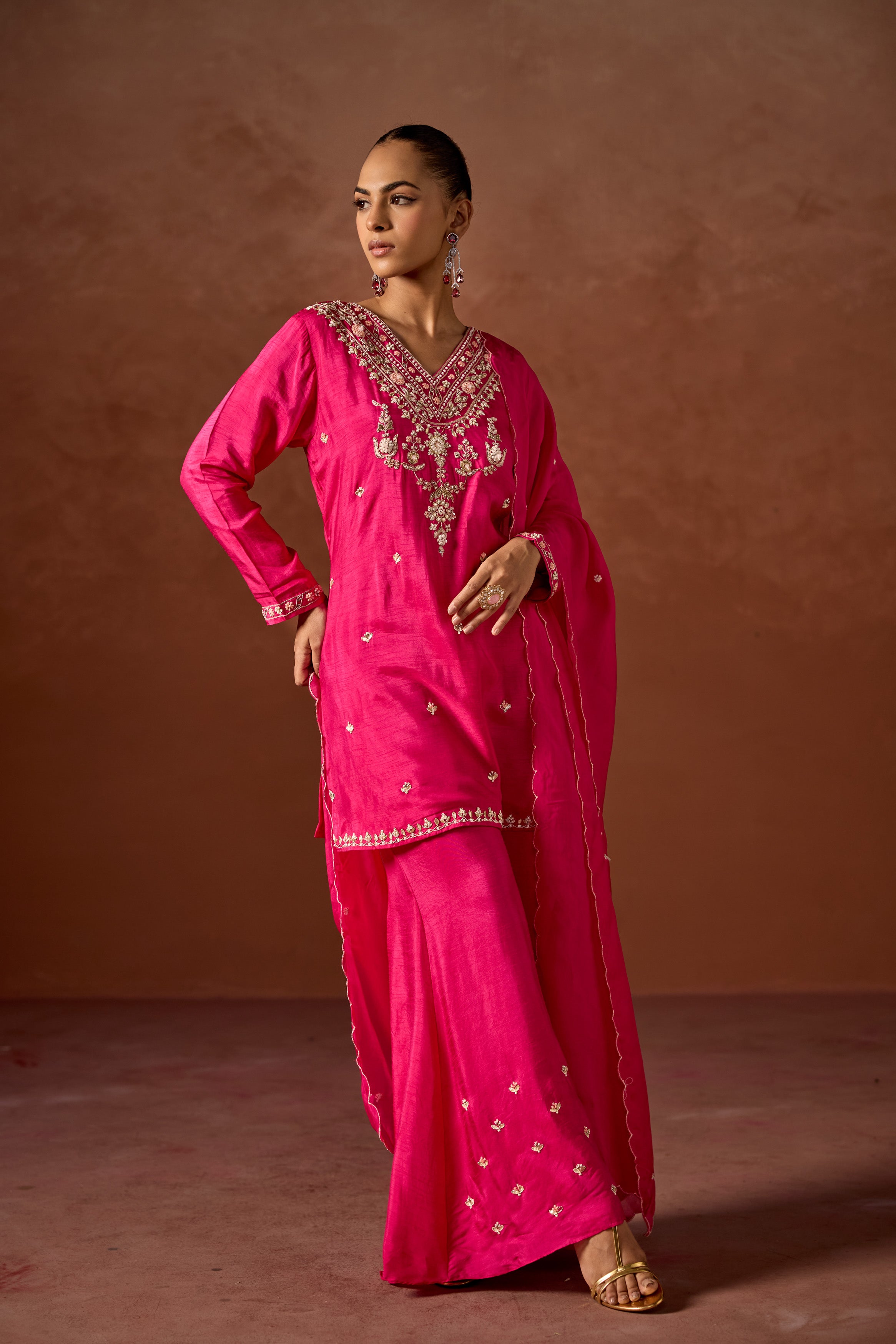 Hot Pink Embellished Raw Silk Palazzo Set