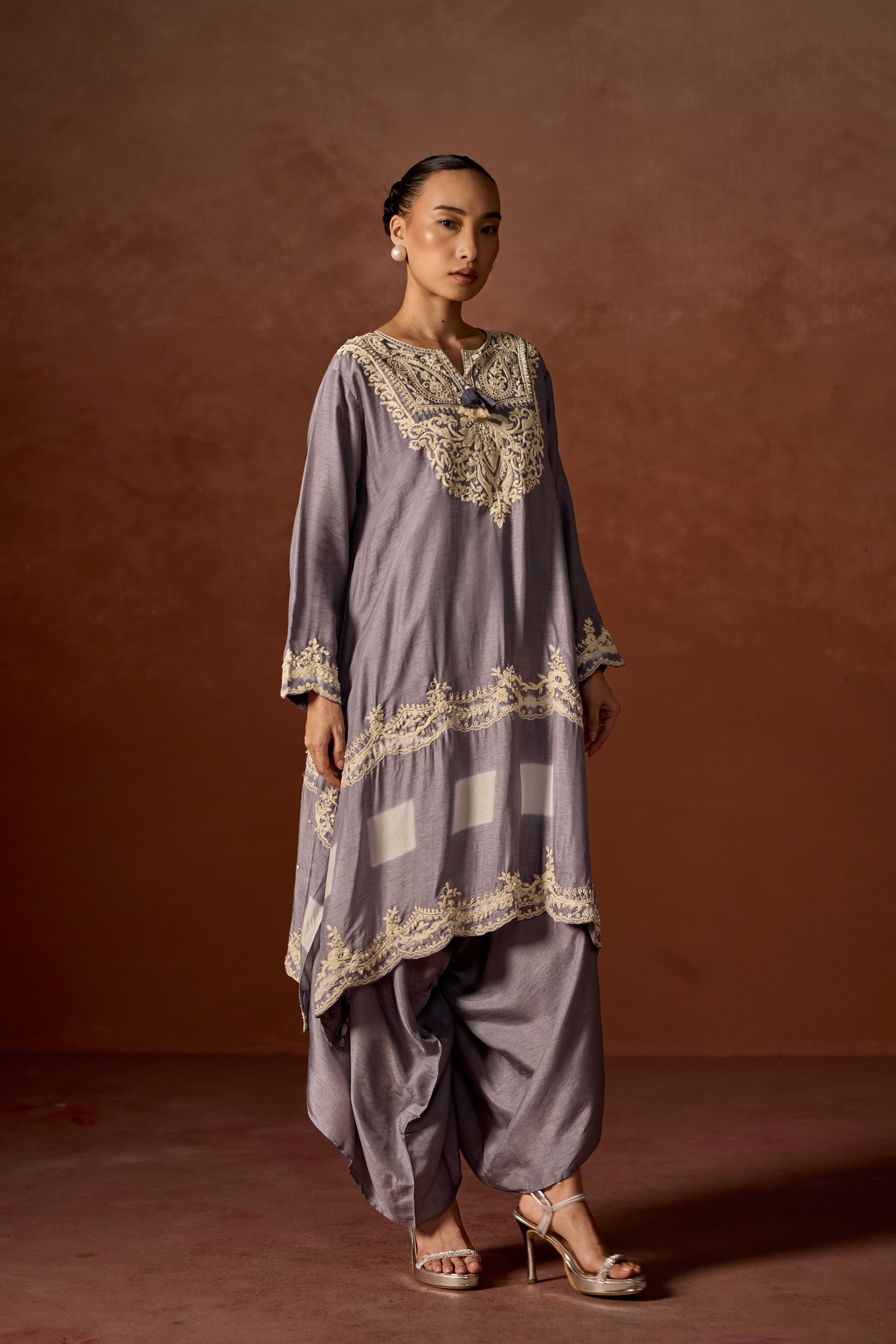 Mauve Grey Embroidered Raw Silk Palazzo Set