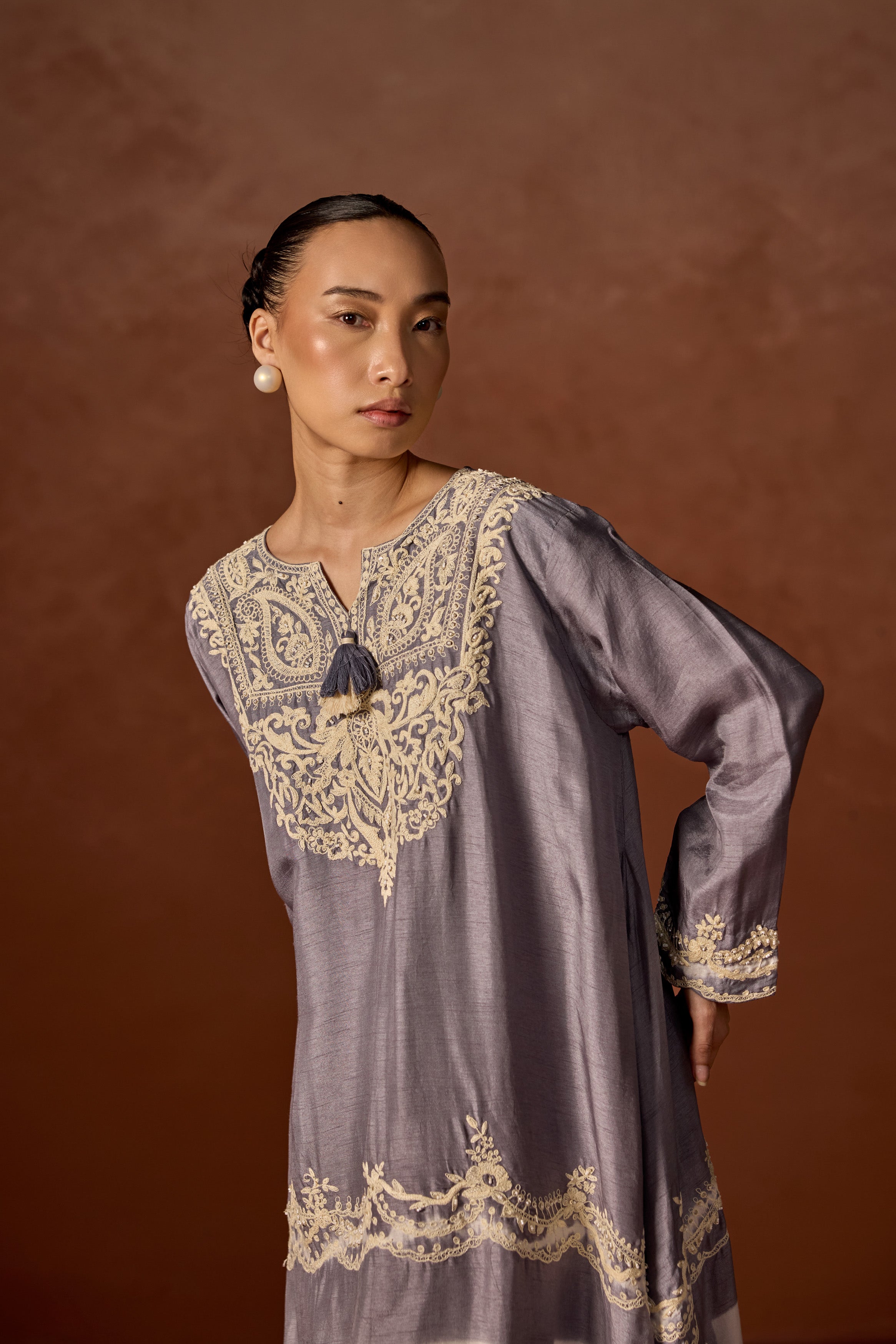 Mauve Grey Embroidered Raw Silk Palazzo Set